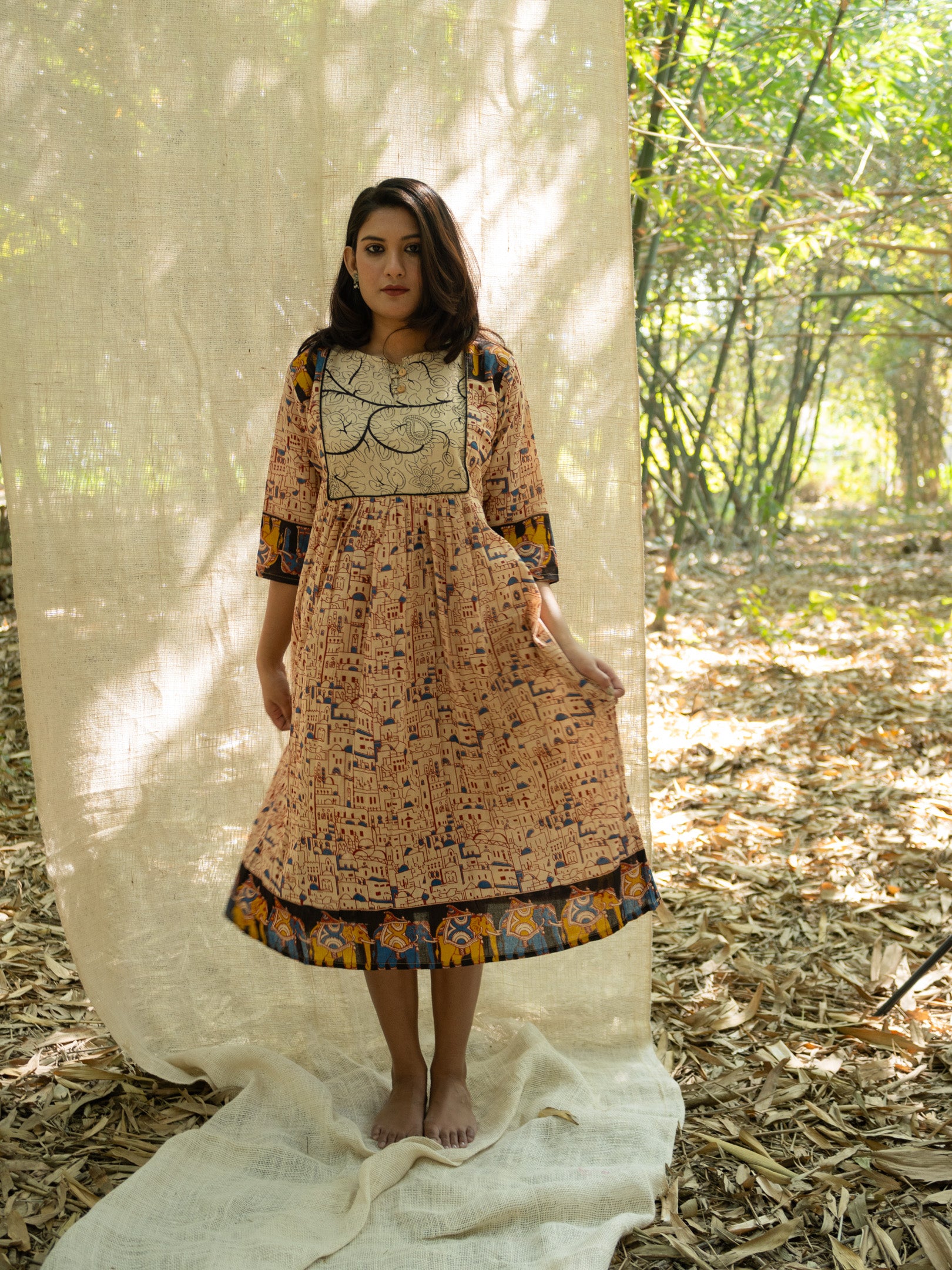 kalamkari cotton dress Green Modern Kalamkari Silhouette Dress Ekana Label