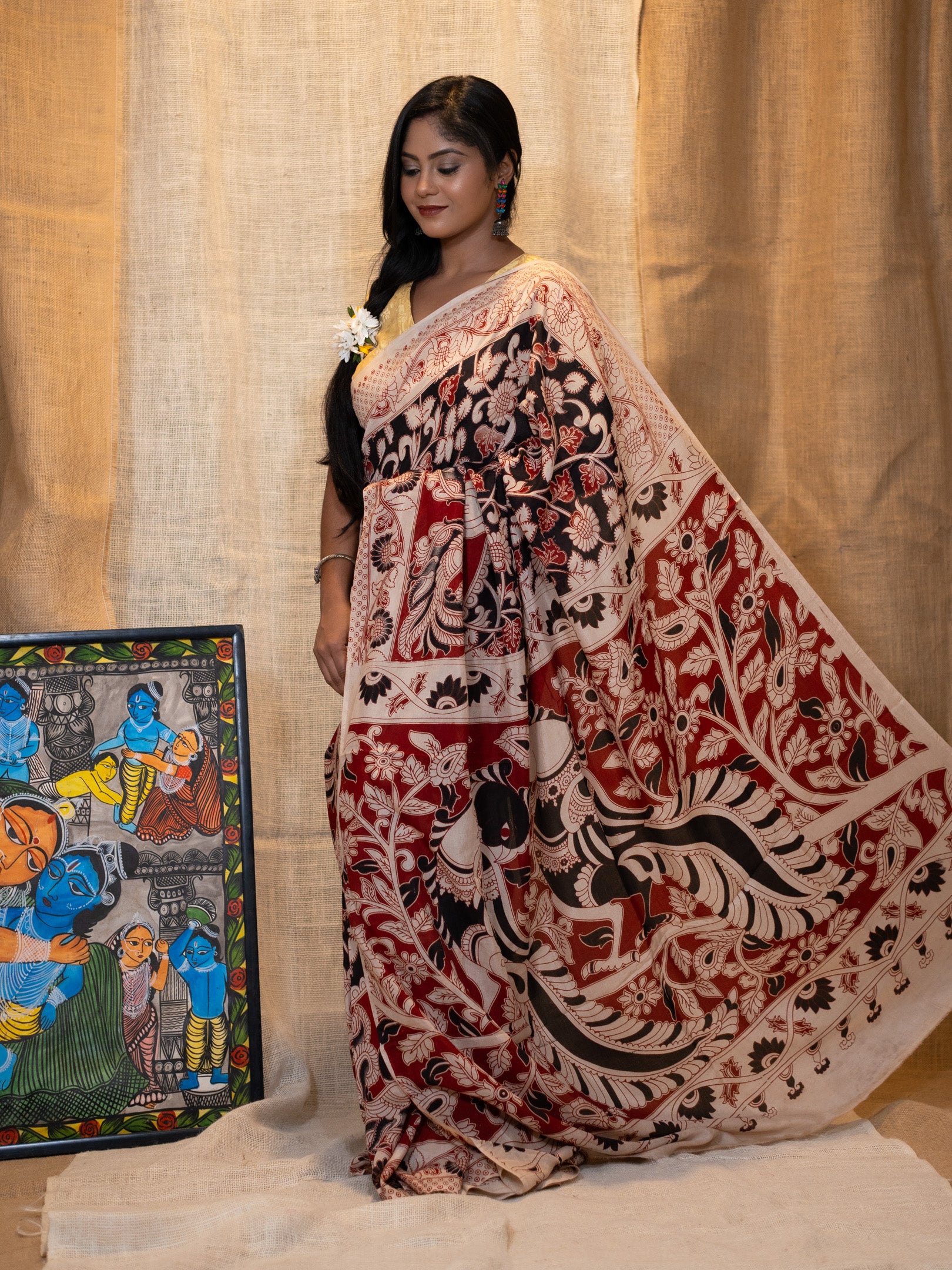 Red peacock silk kalamkari Saree