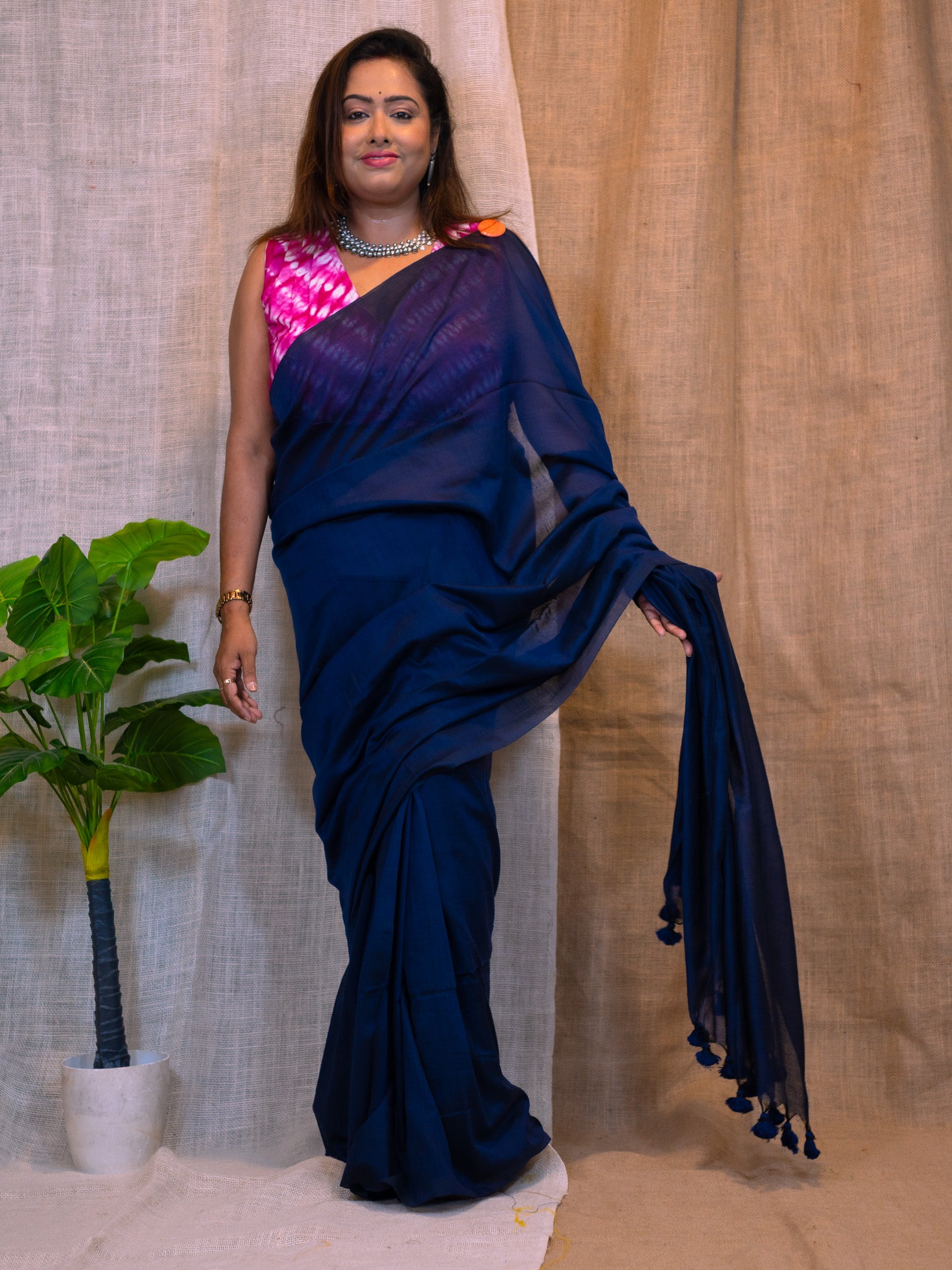 Nocturne Blue Cotton Linen Saree