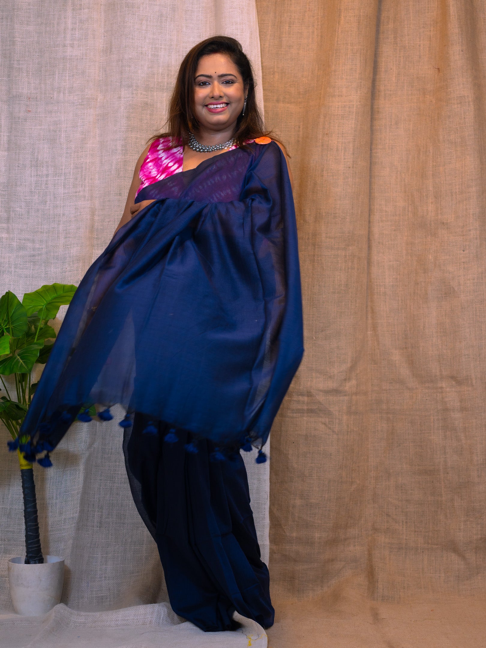 Nocturne Blue Cotton Linen Saree