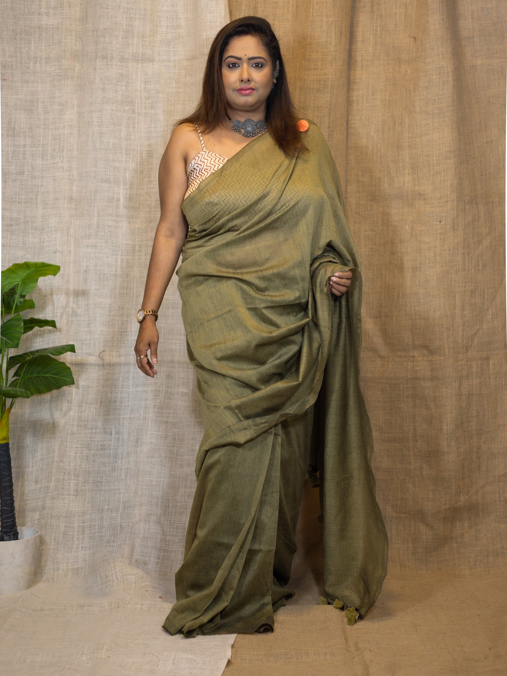 Khaki Linen Veil Cotton Saree