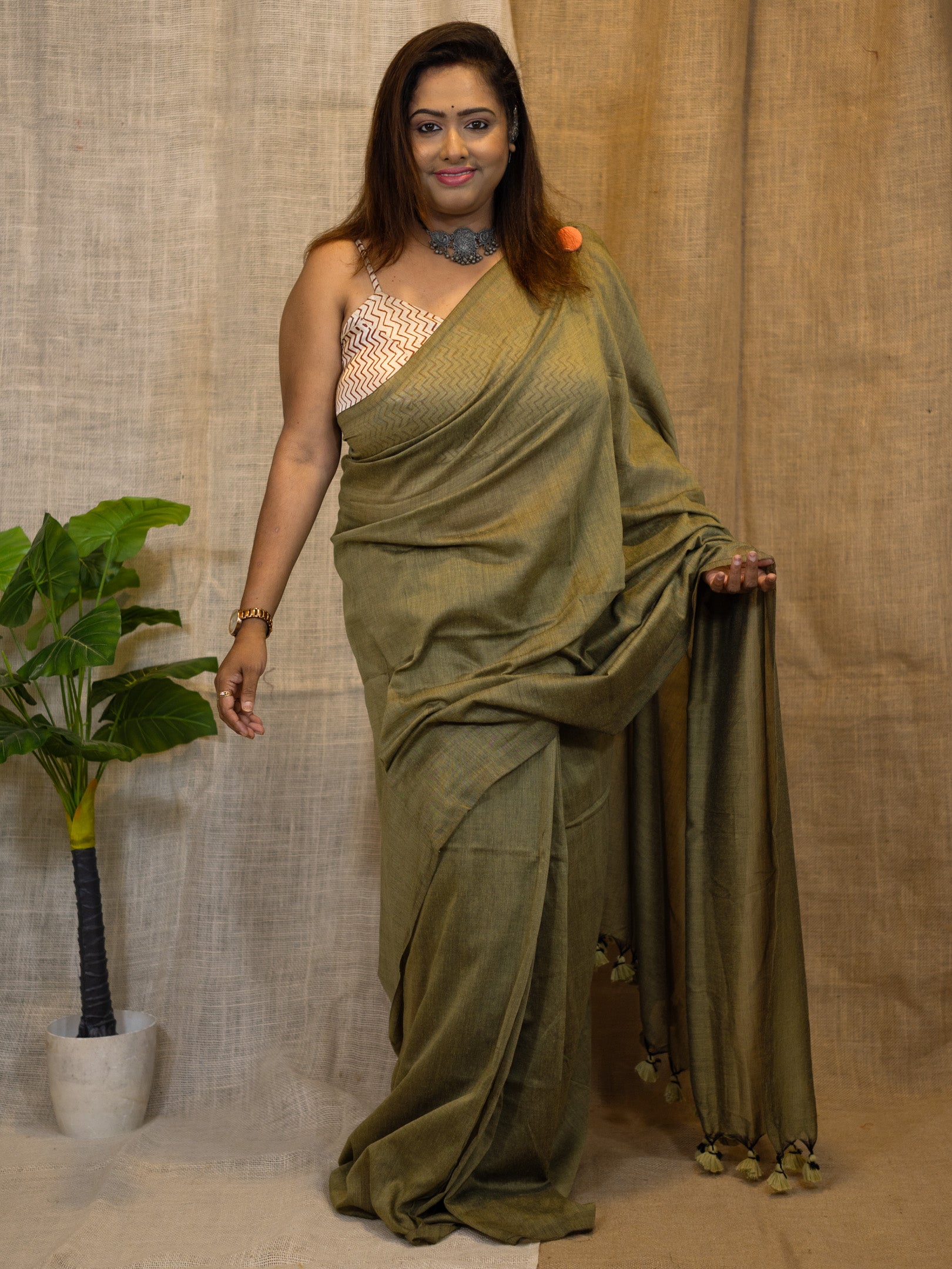 Khaki Linen Veil Cotton Saree
