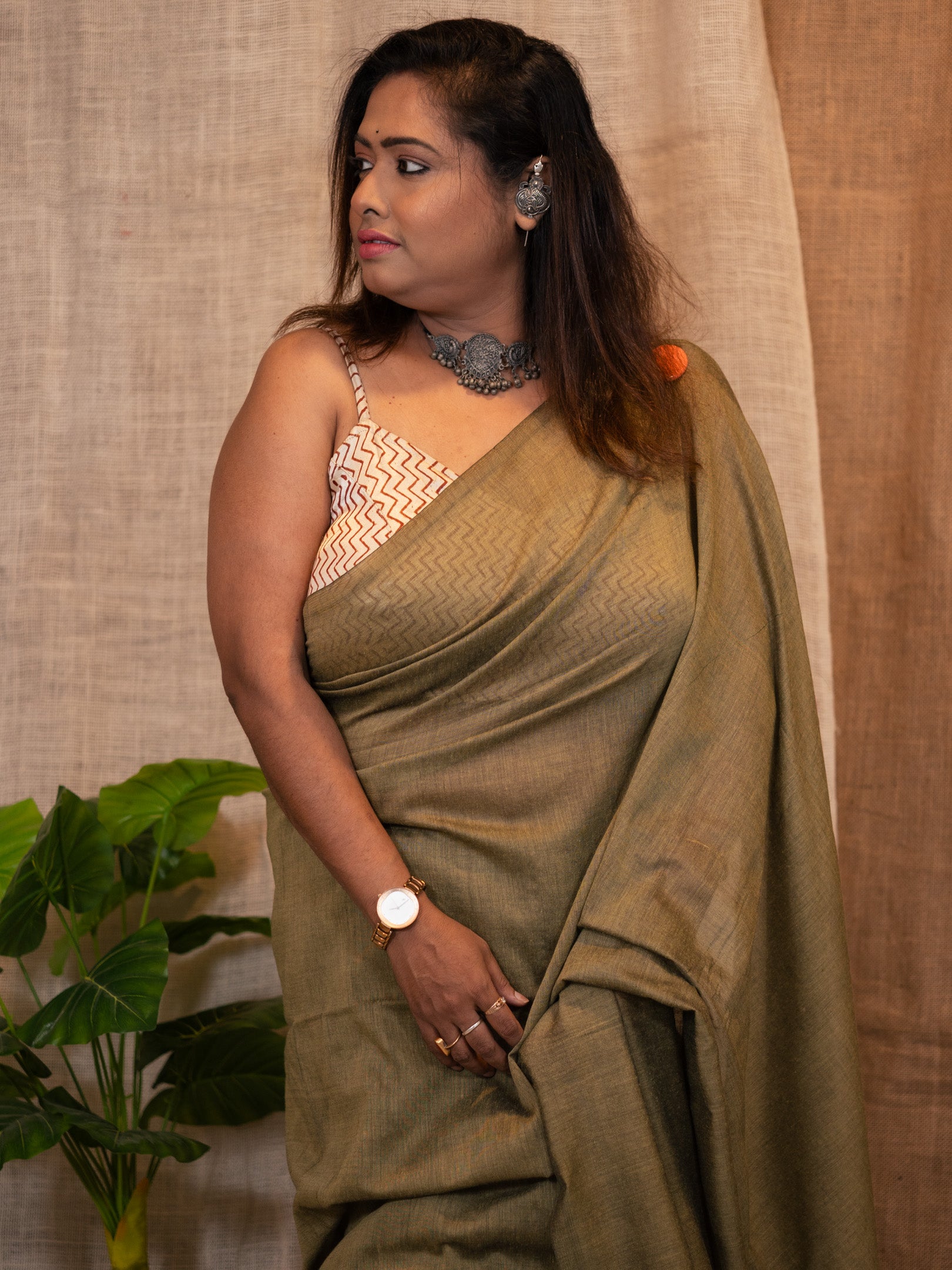 Khaki Linen Veil Cotton Saree