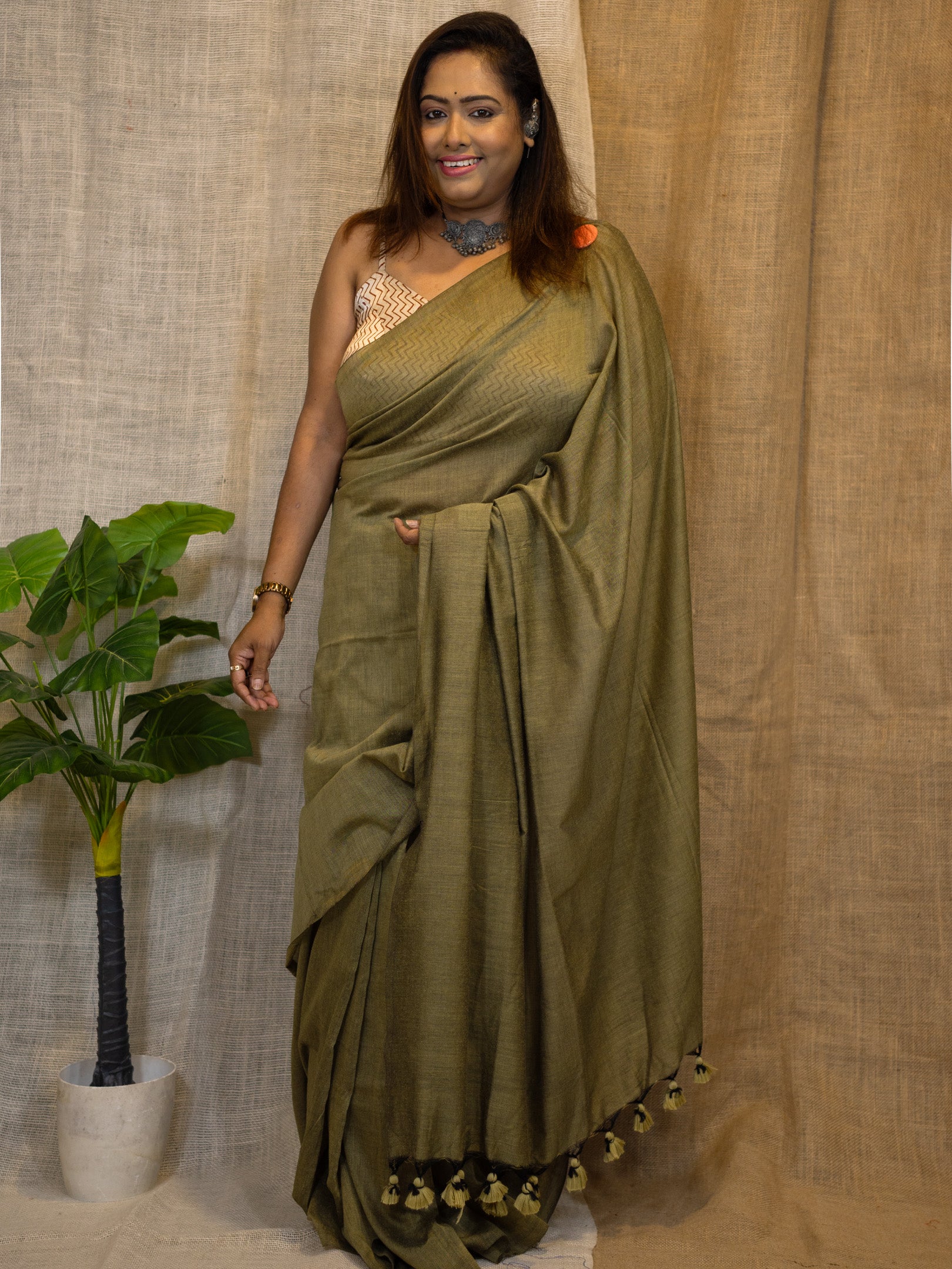 Khaki Linen Veil Cotton Saree