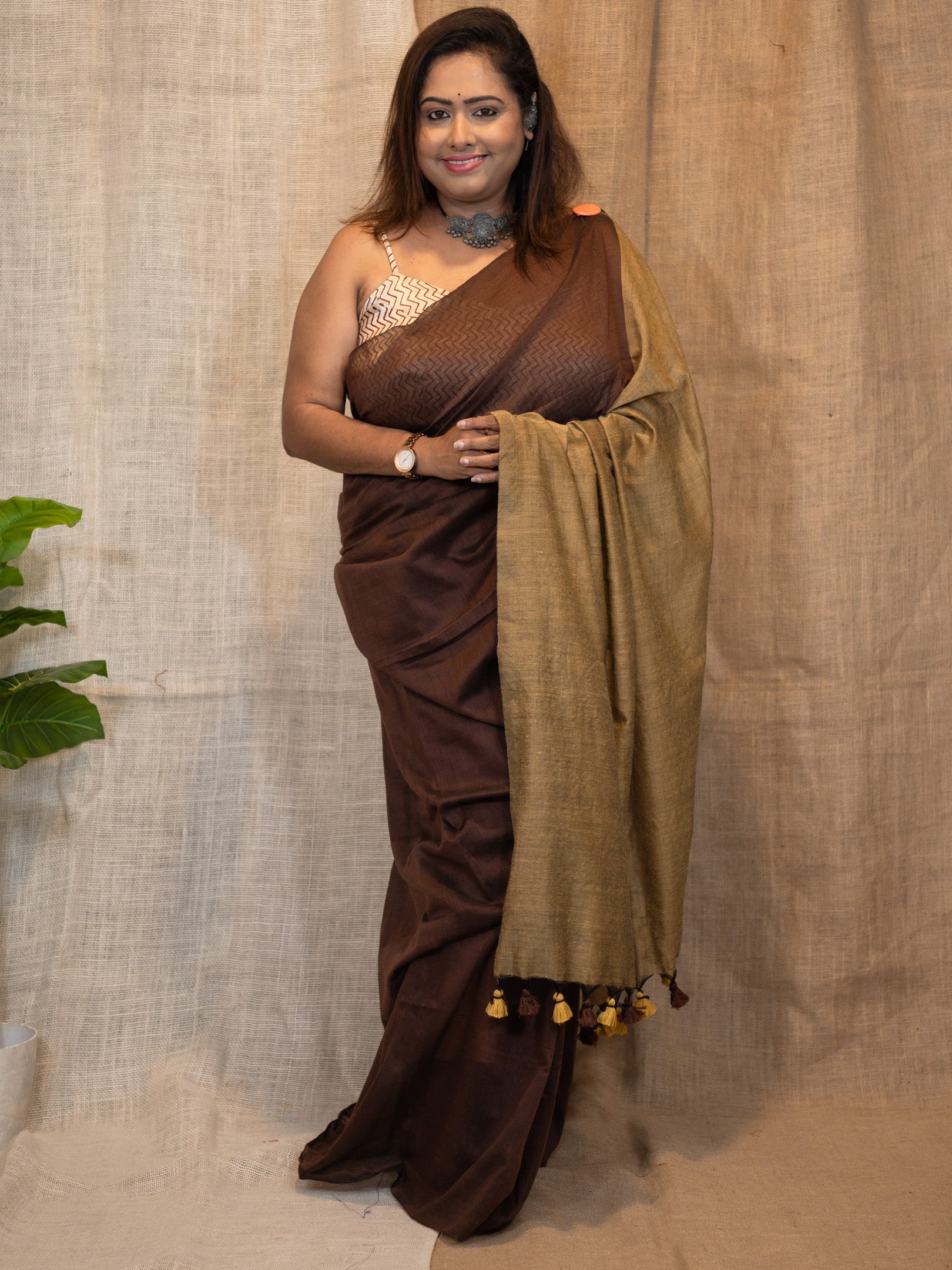 Bistre Brown Luxe Cotton Linen Saree