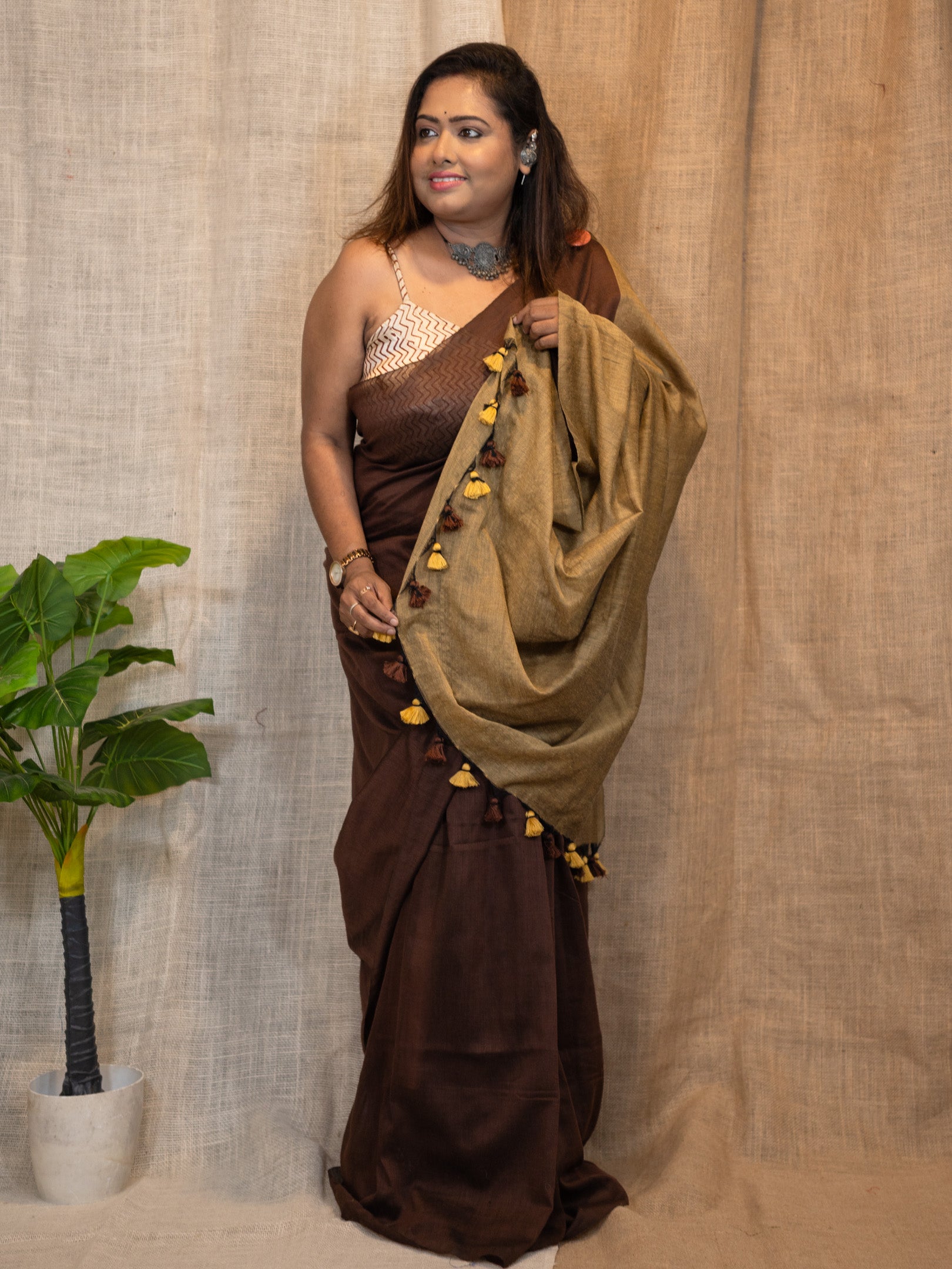 Bistre Brown Luxe Cotton Linen Saree