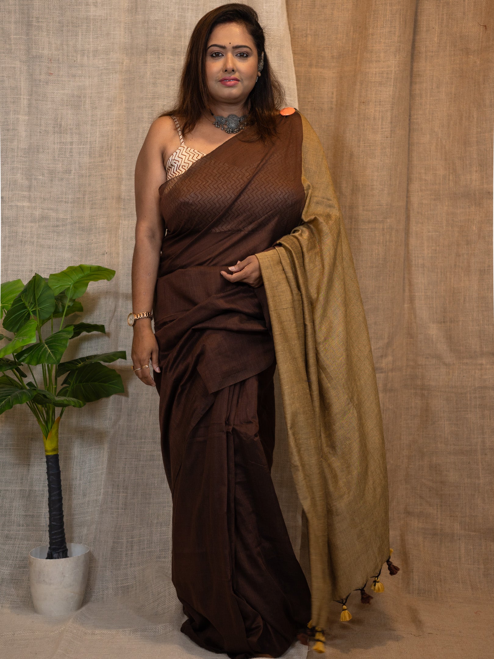 Bistre Brown Luxe Cotton Linen Saree