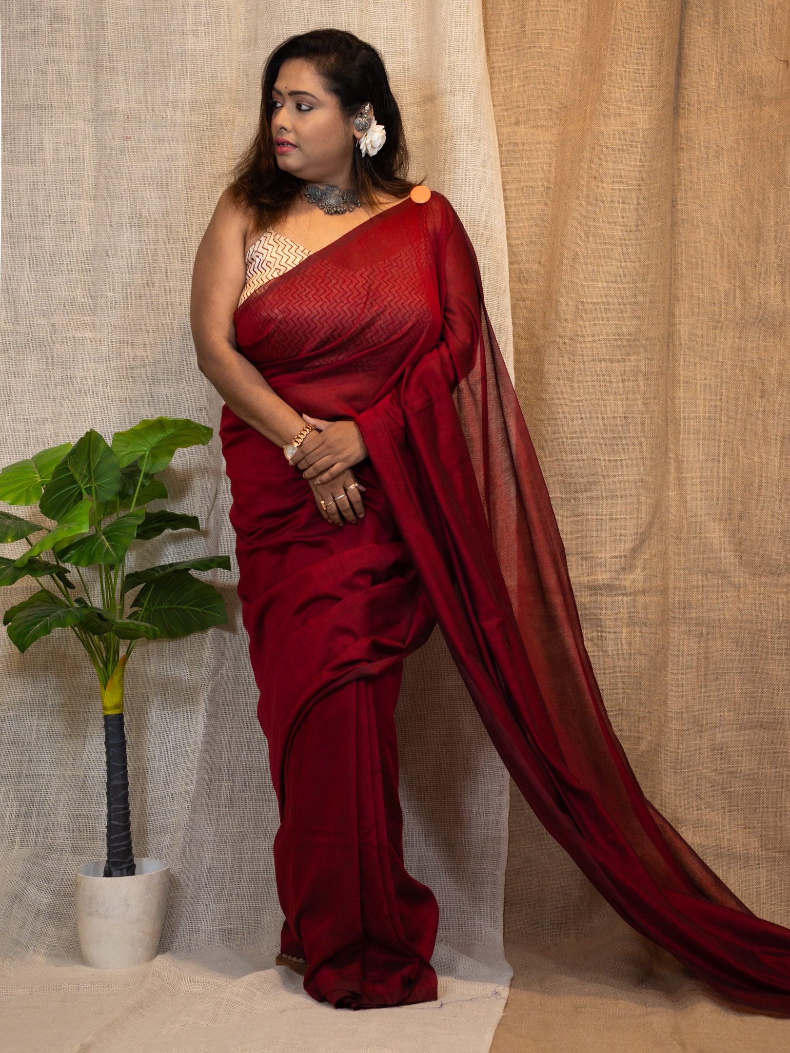Cordovan Maroon Cotton Linen Saree