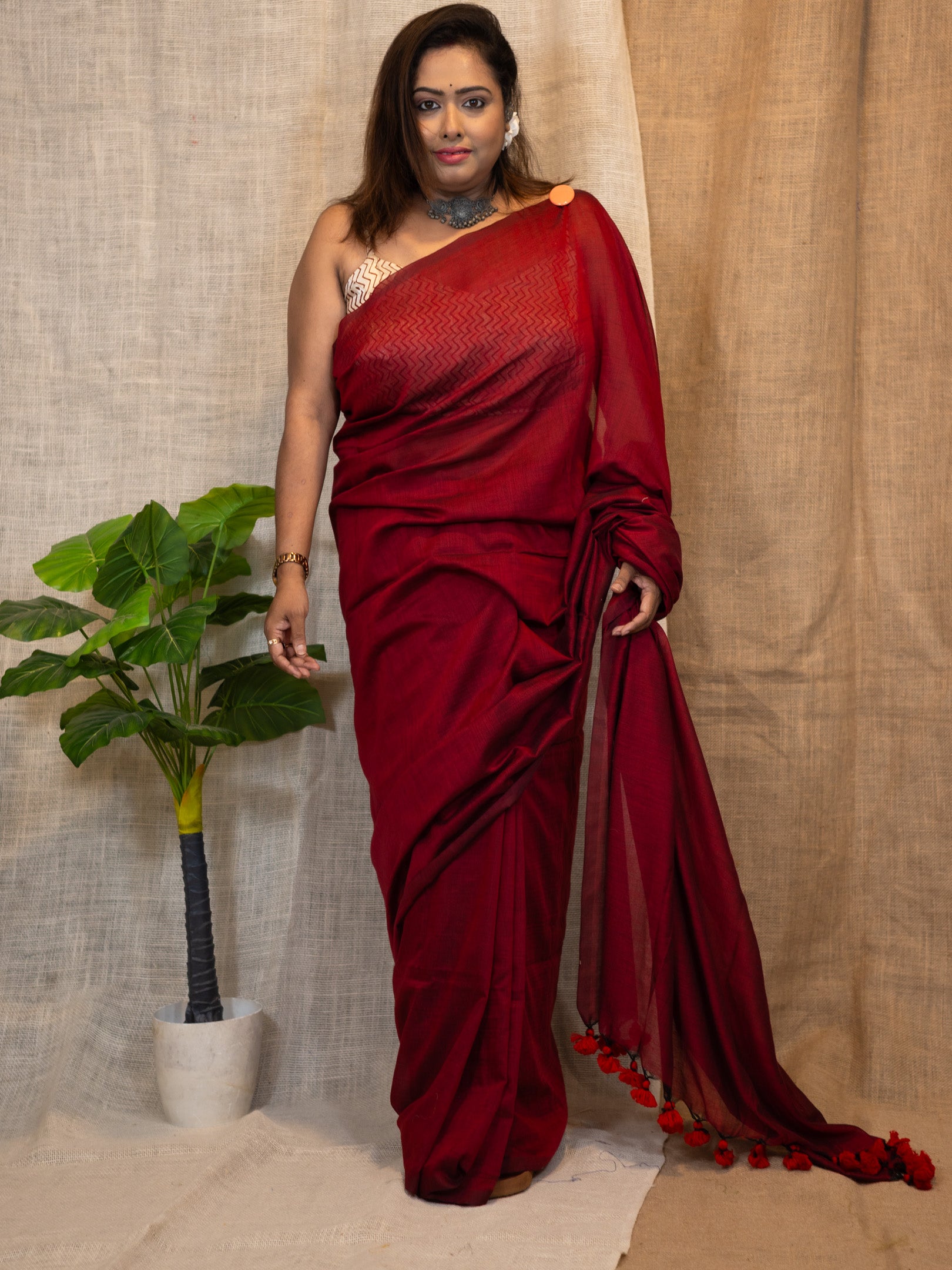 Cordovan Maroon Cotton Linen Saree