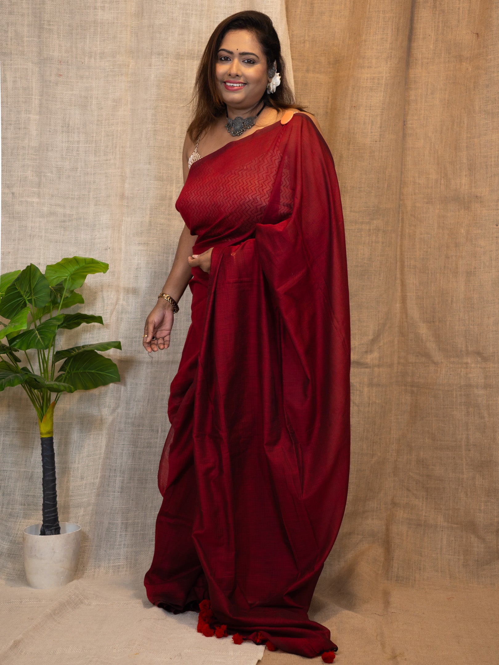Cordovan Maroon Cotton Linen Saree