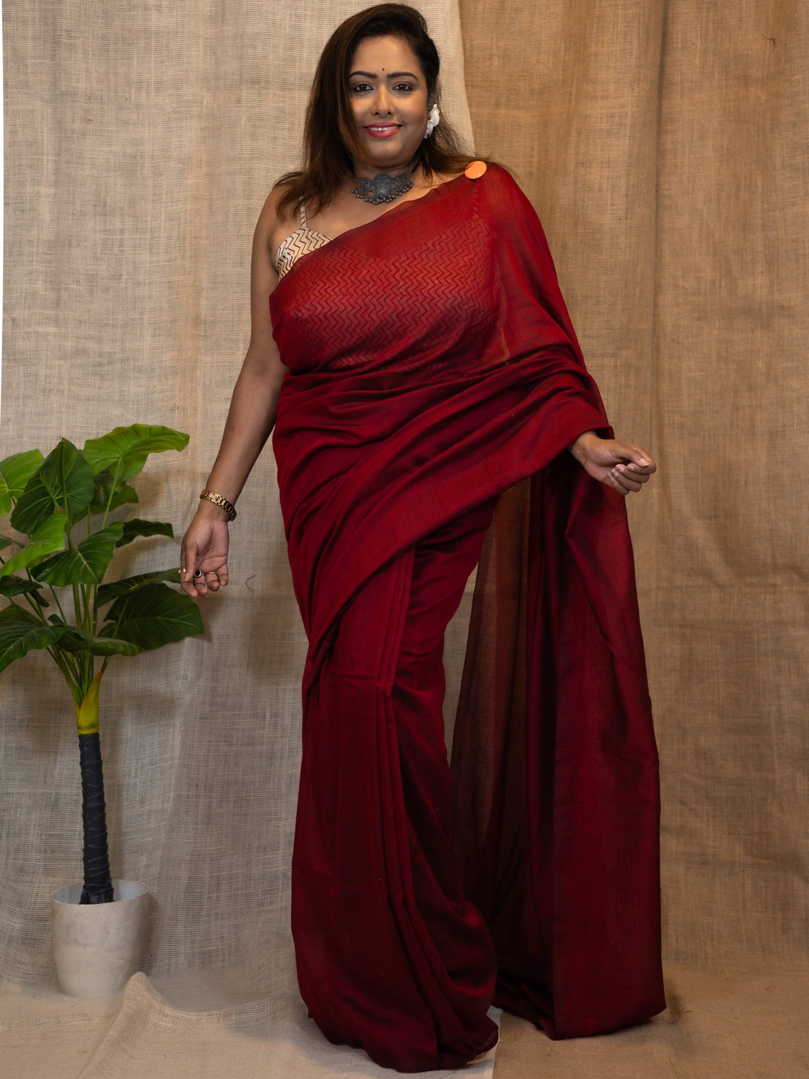 Cordovan Maroon Cotton Linen Saree