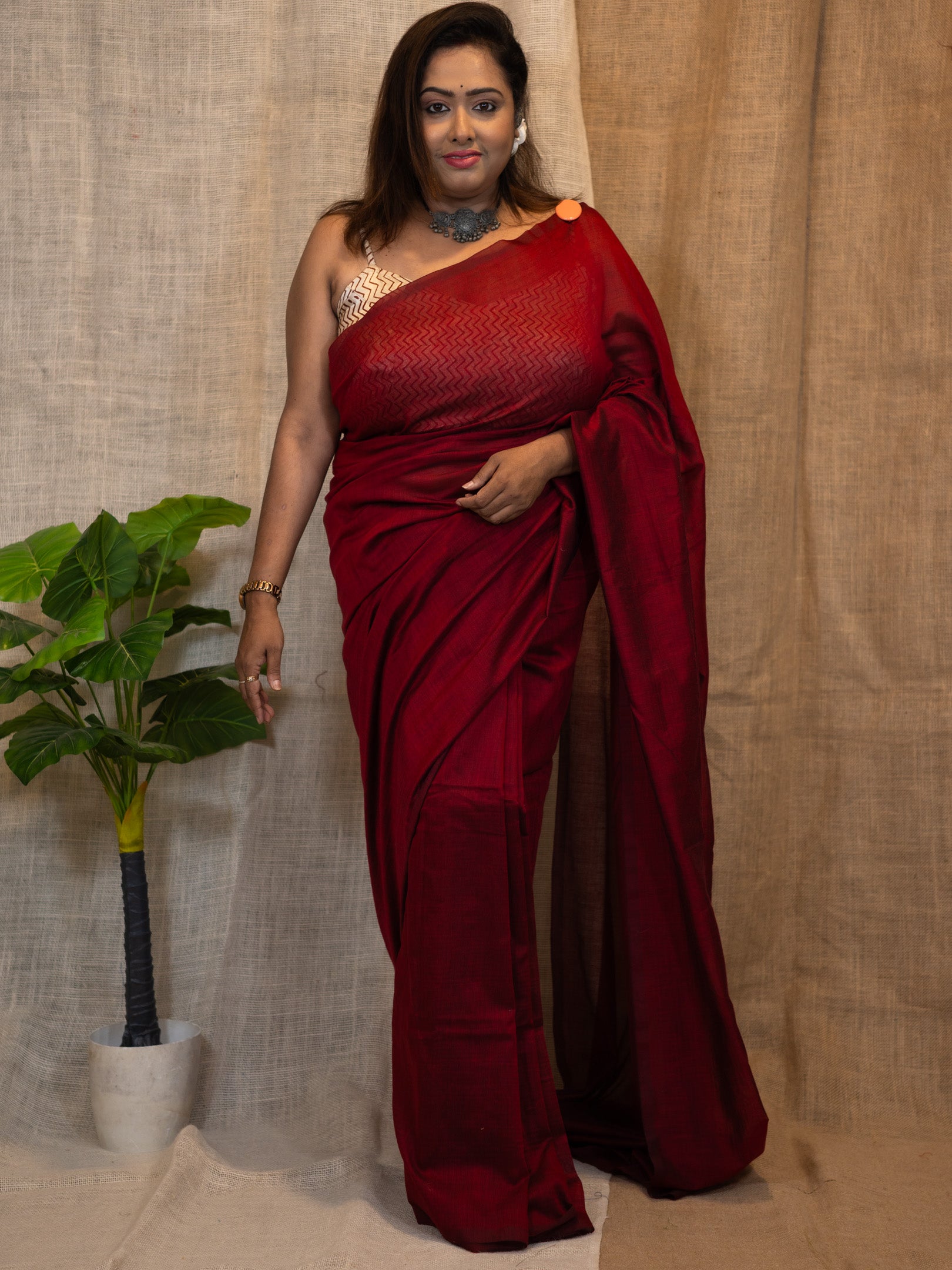 Cordovan Maroon Cotton Linen Saree