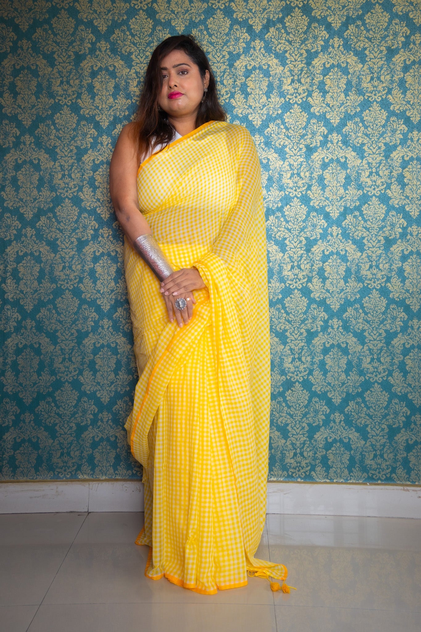 Yellow root Check Saree