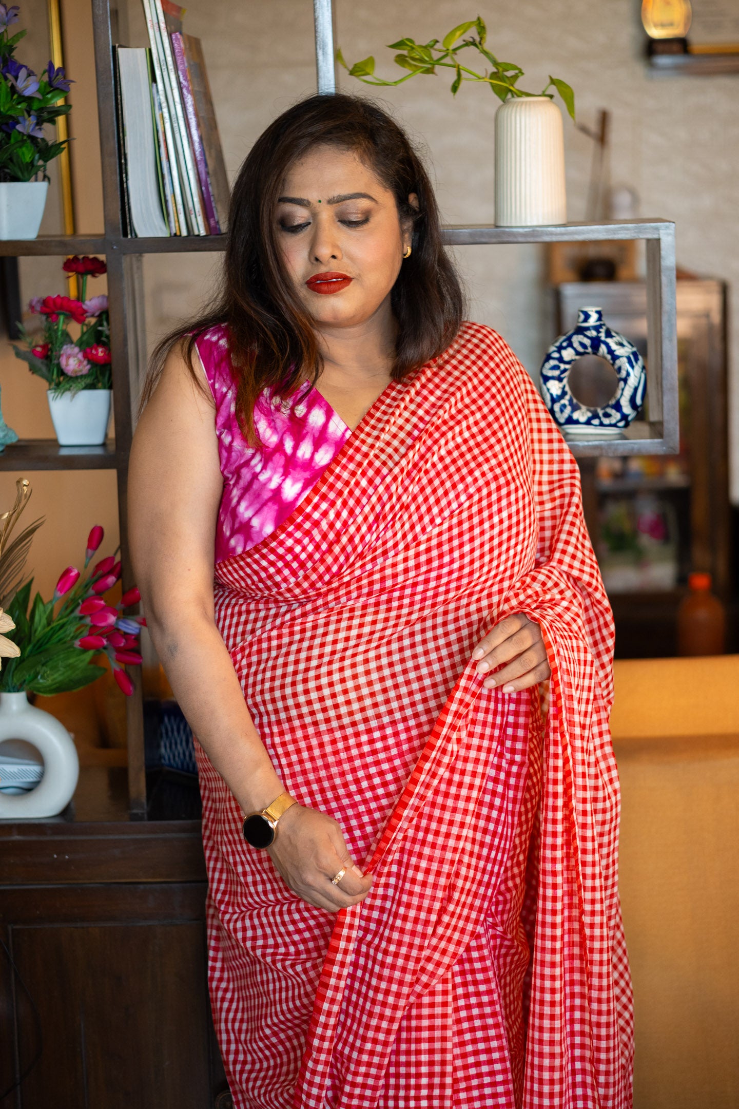 Red checkmate Saree
