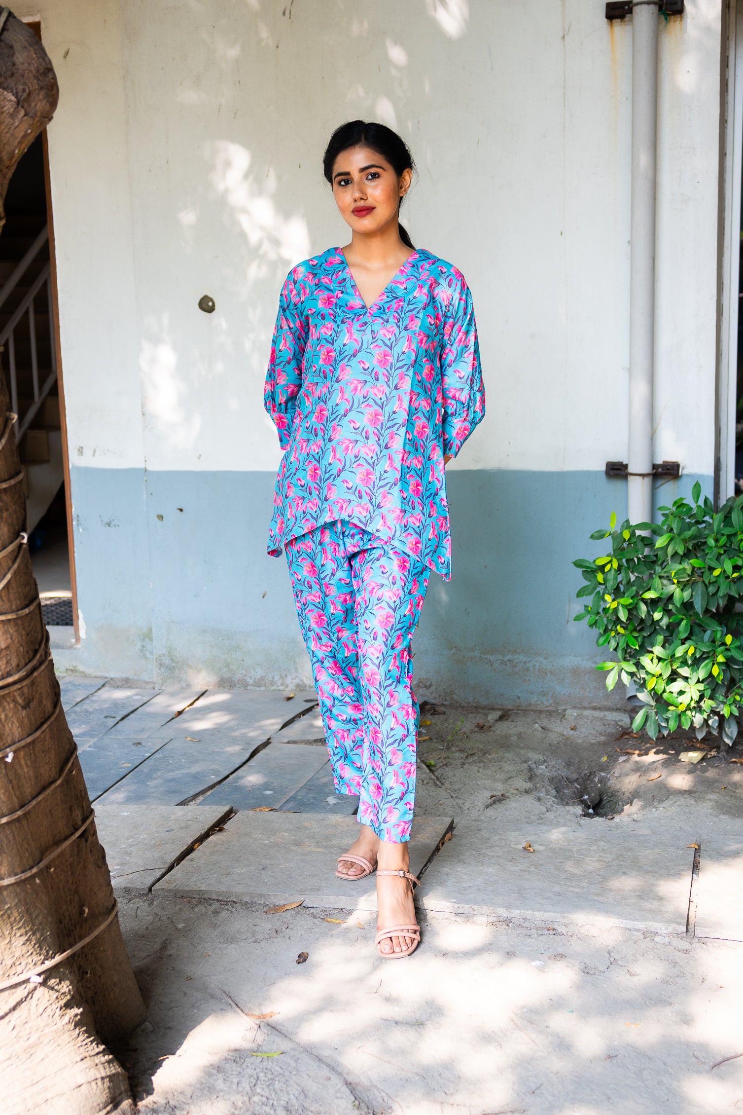 Blue Tapche Floral Work Cotton co ord set