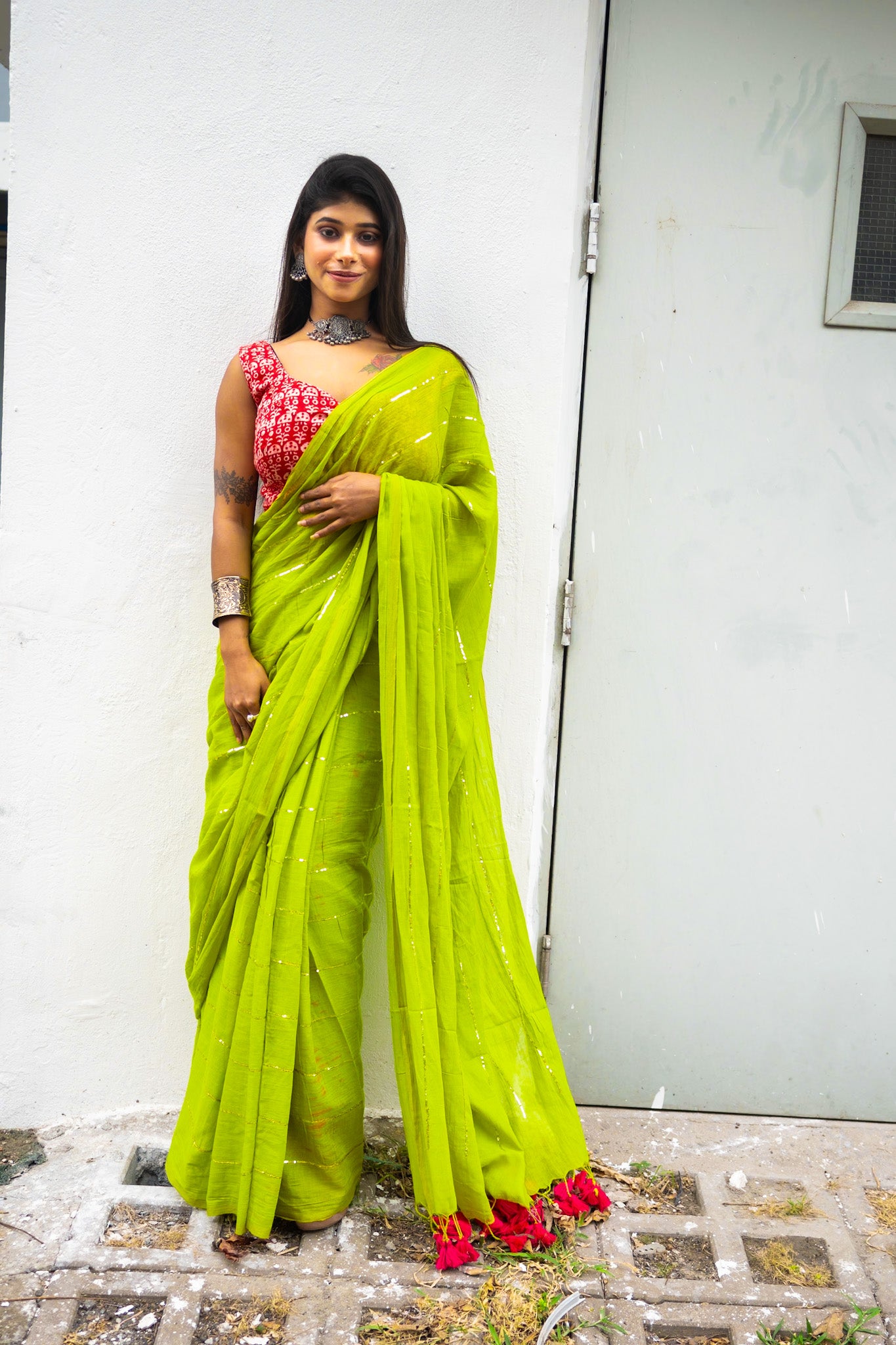 Lime green mul crush saree