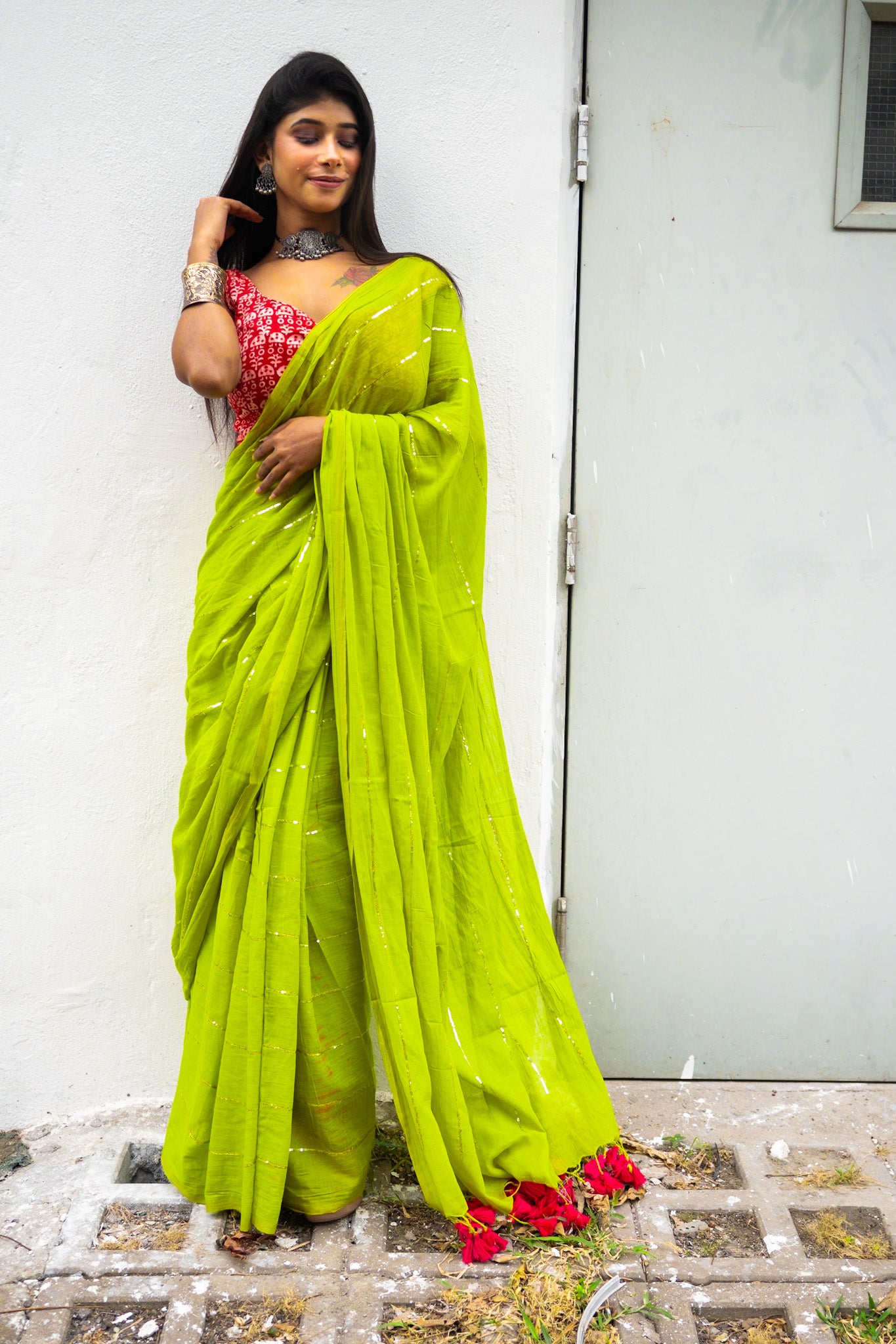 Lime green mul crush saree