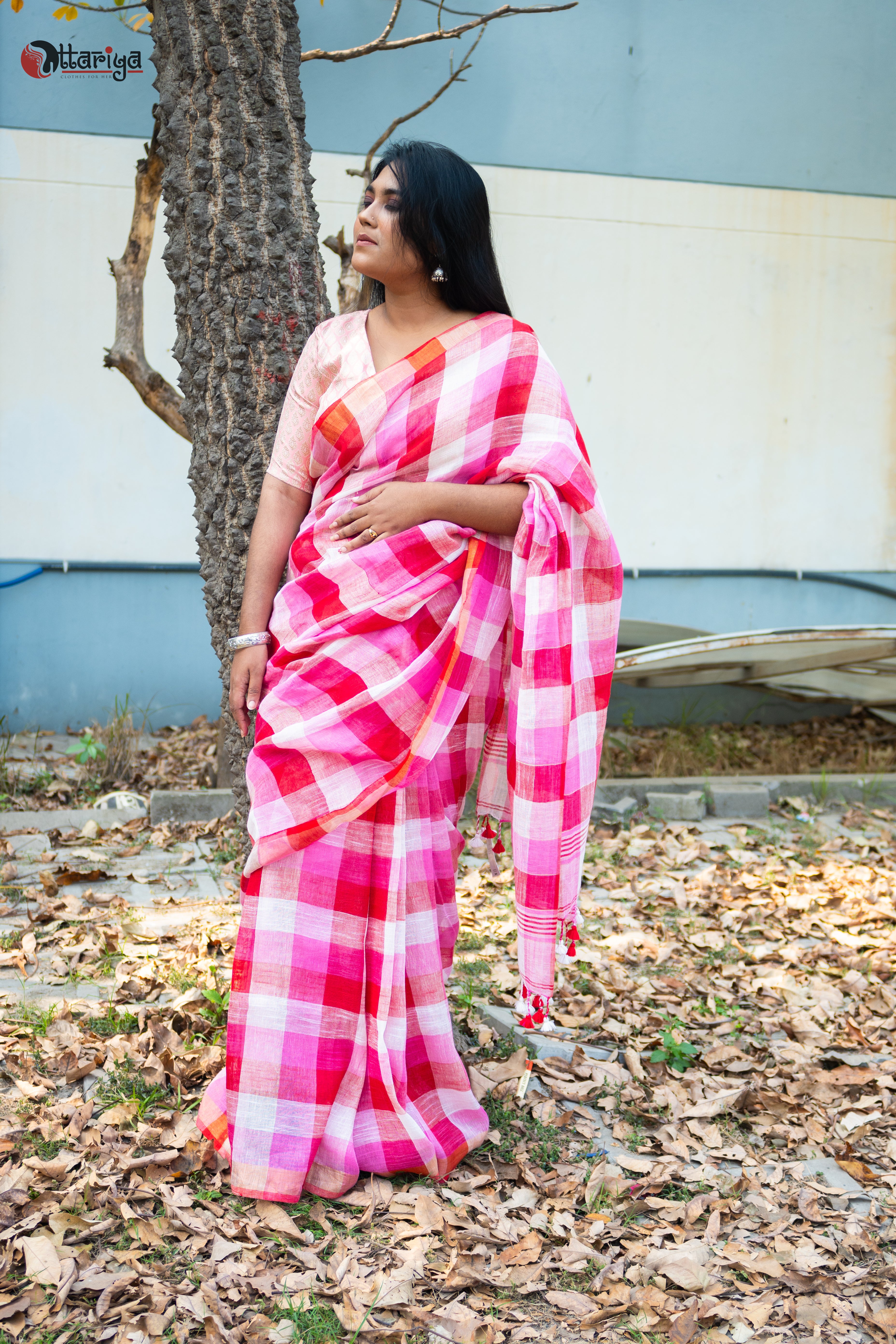 Pink berry linen saree