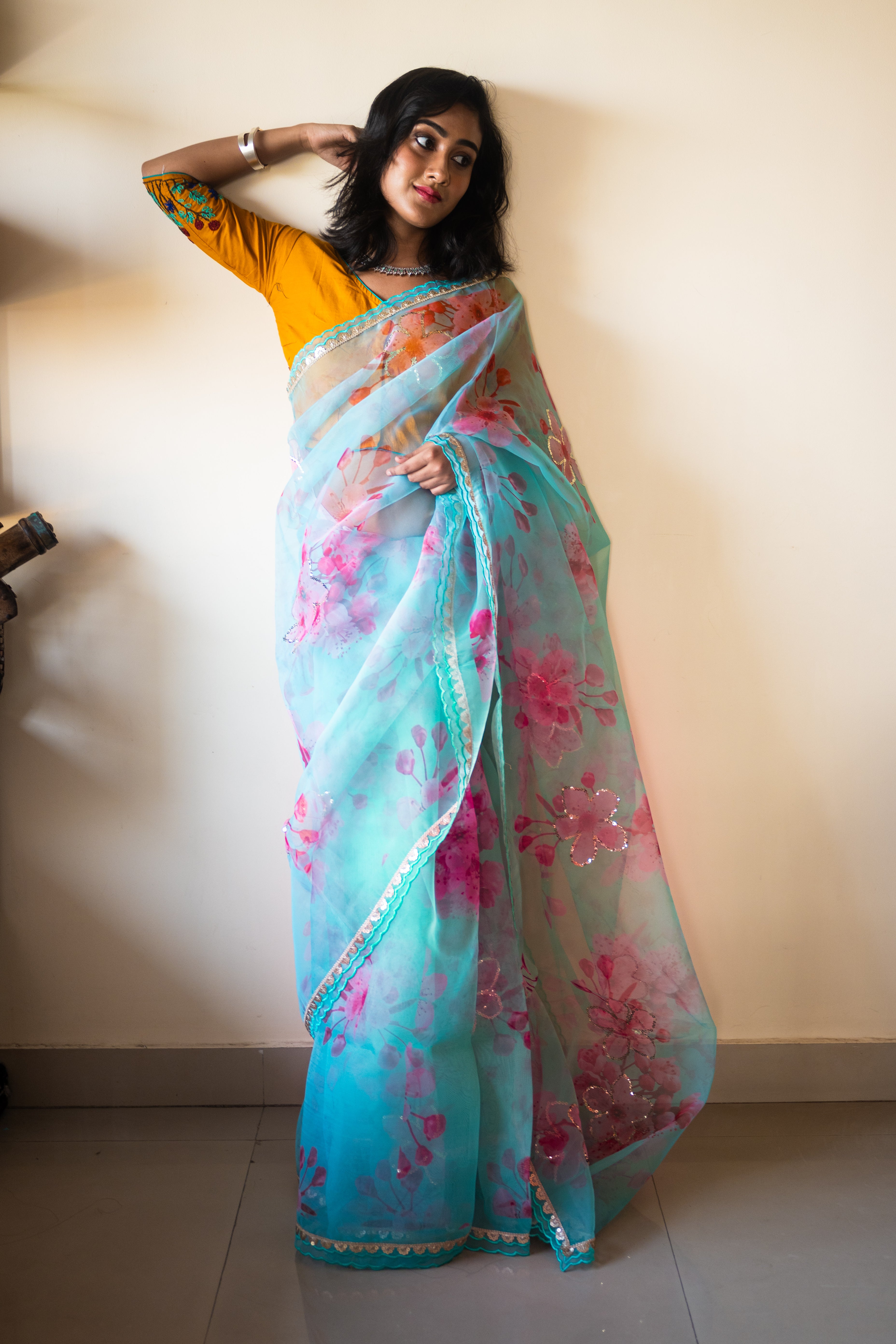 Sea green organza silk saree