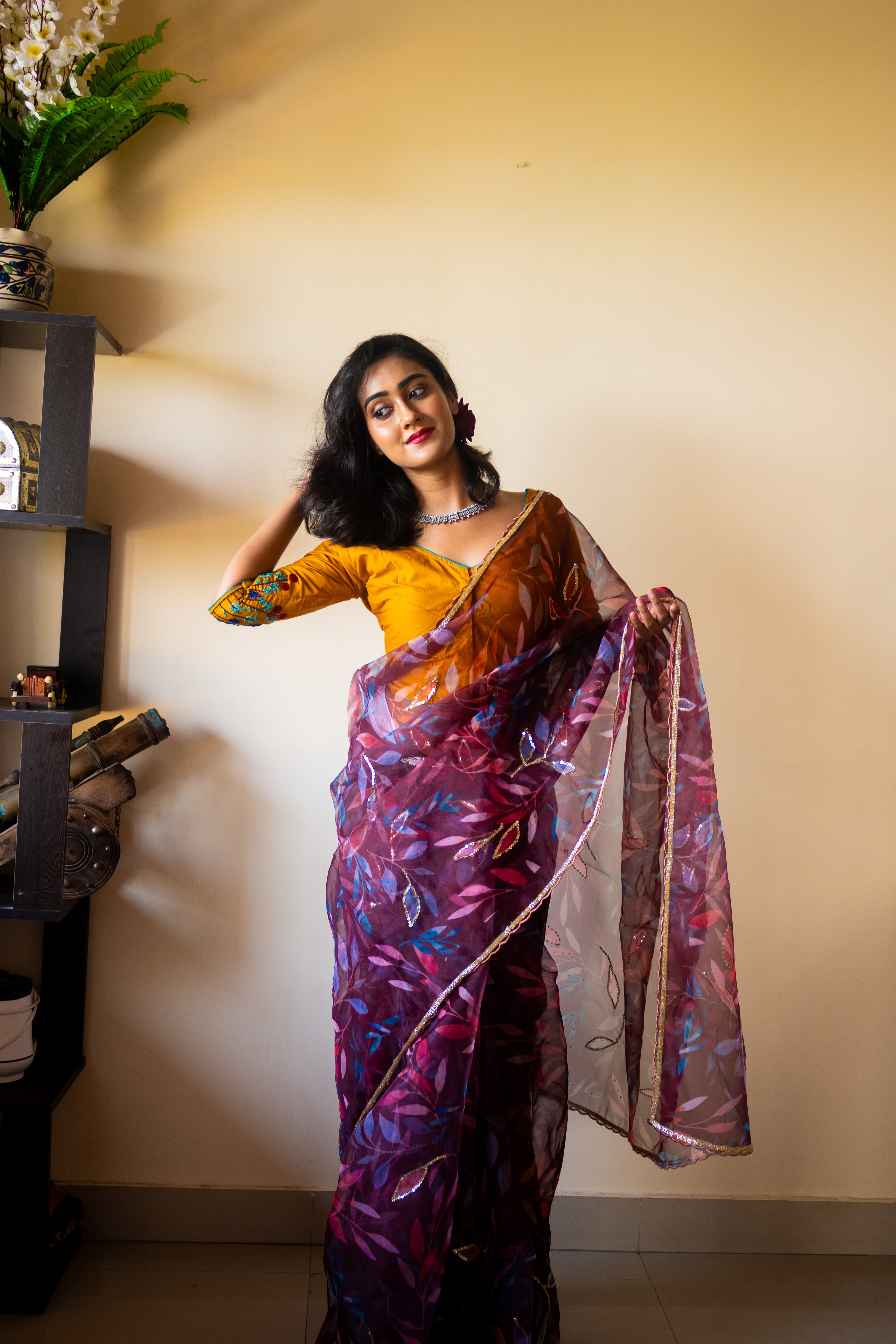 Wine organza Zardosi saree