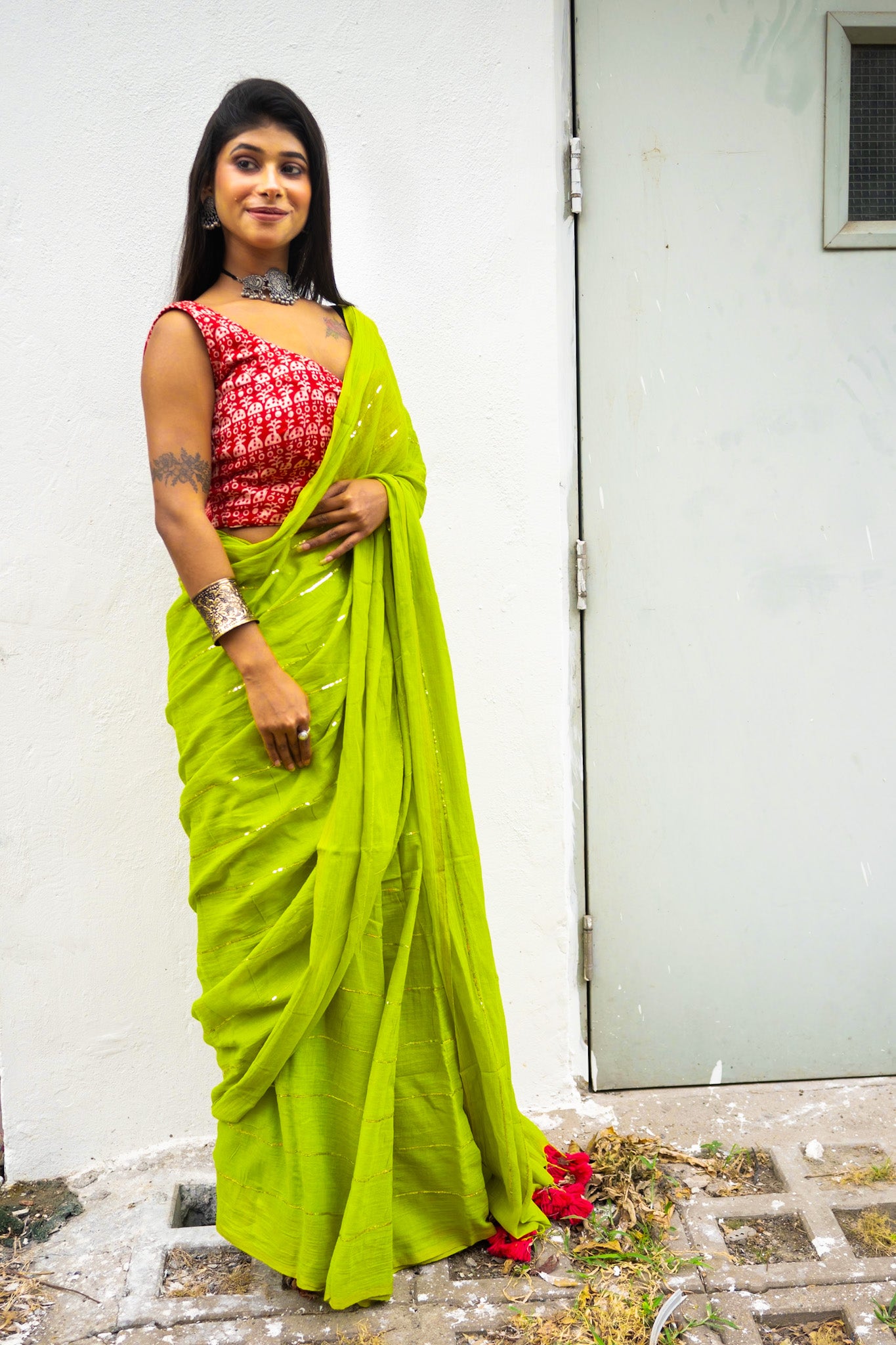 Lime green mul crush saree