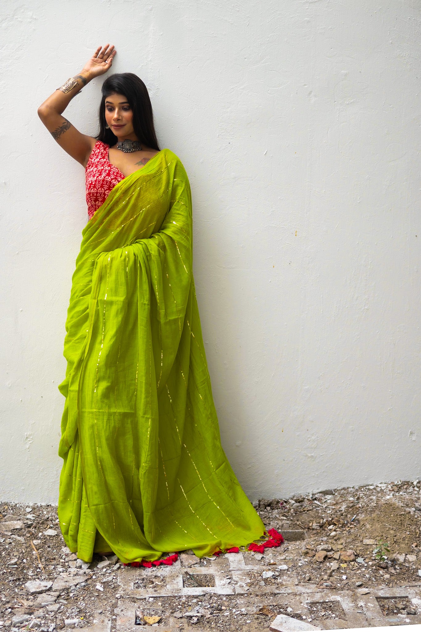 Lime green mul crush saree