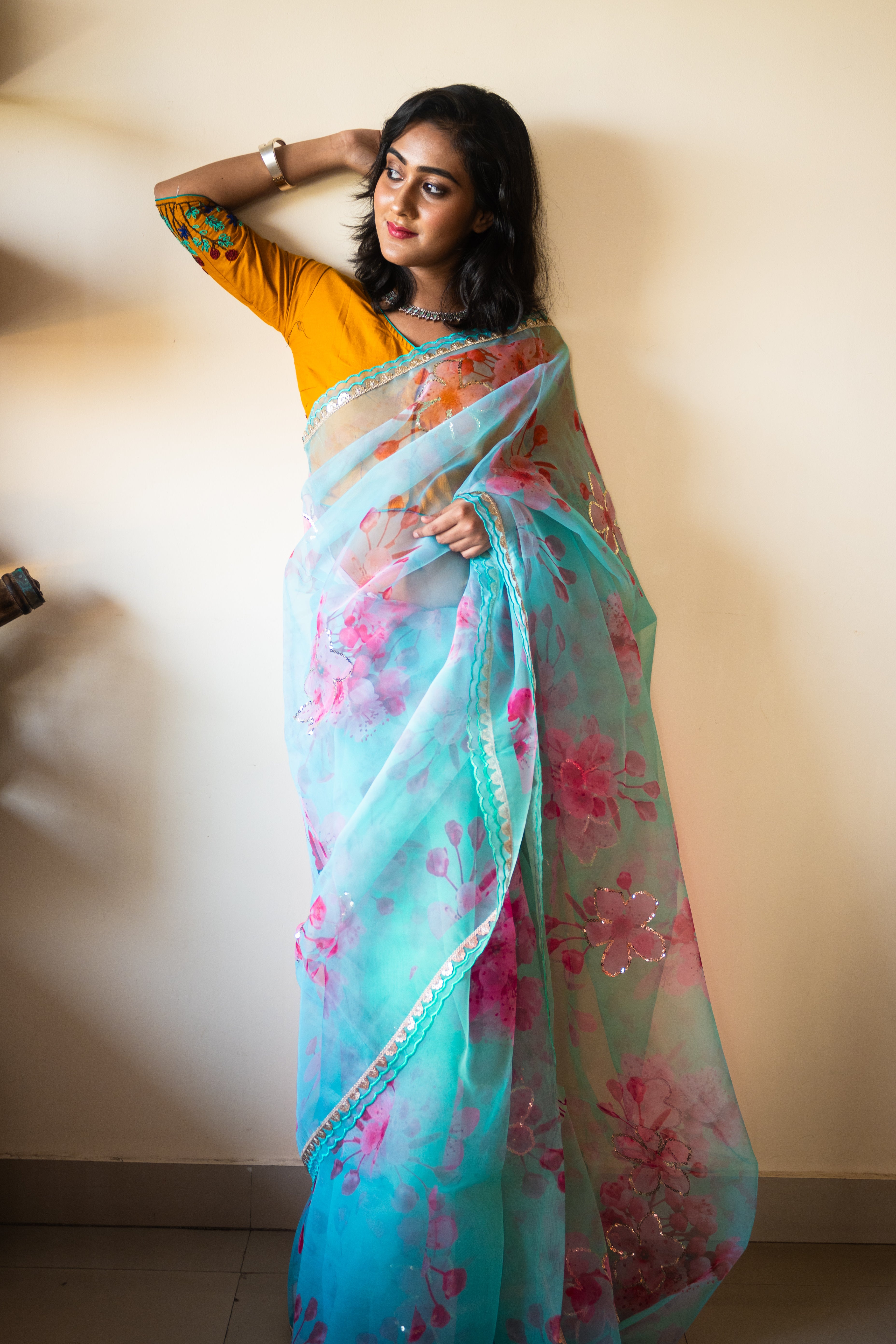 Sea green organza silk saree