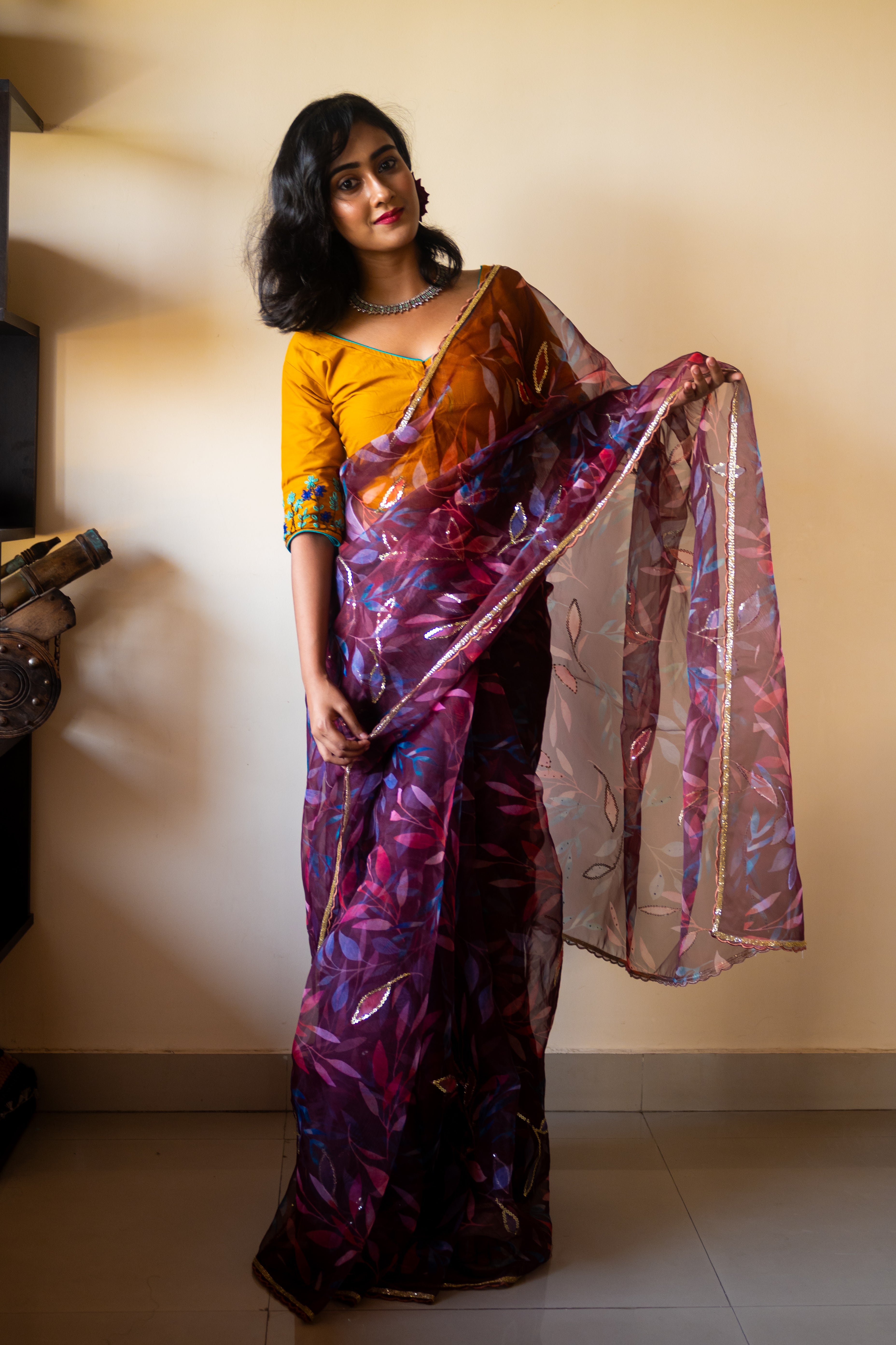 Wine organza Zardosi saree