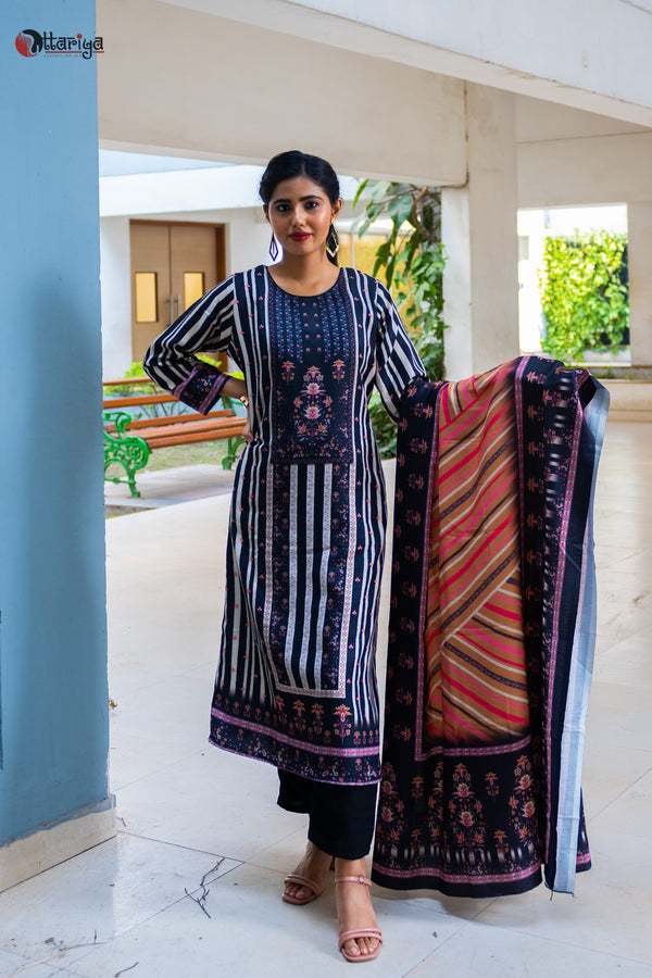 Black Pashmina Cotton Suit Set - Uttariya