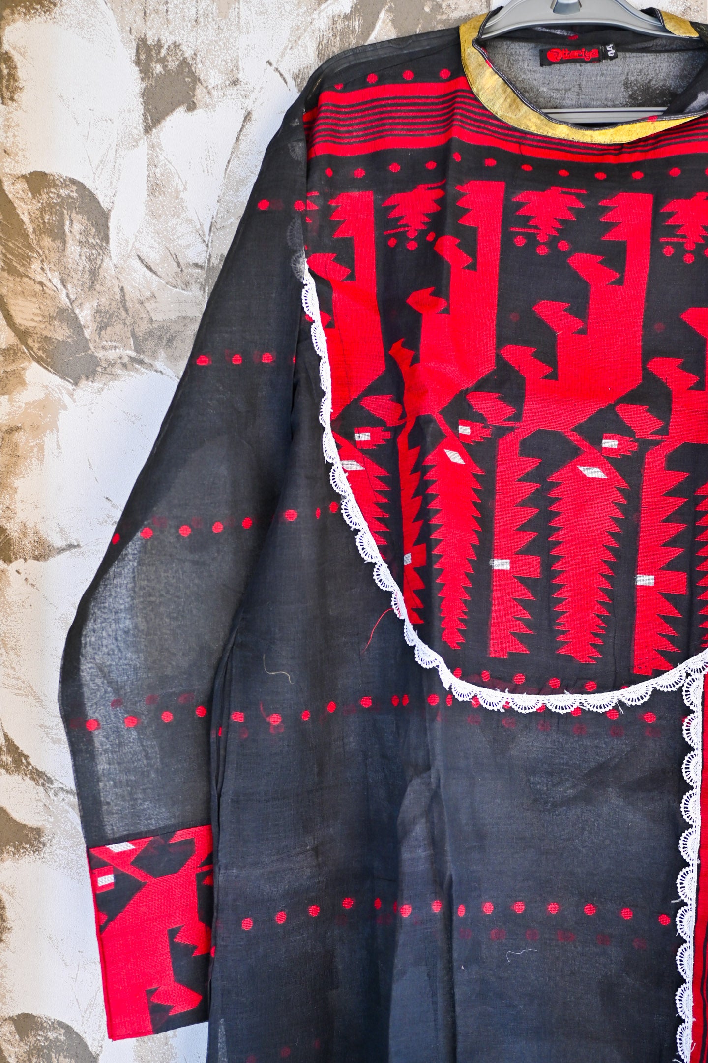 Jamdani long Kurta red black