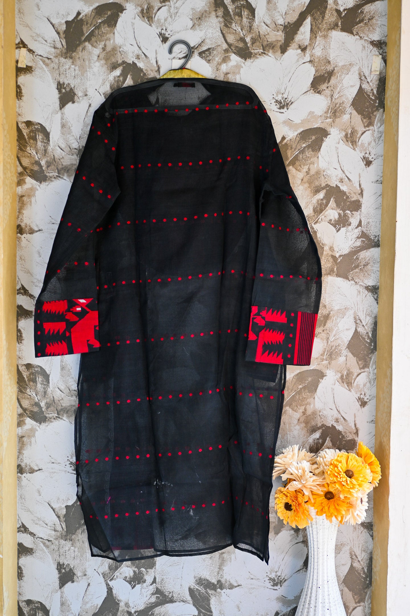 Jamdani long Kurta red black