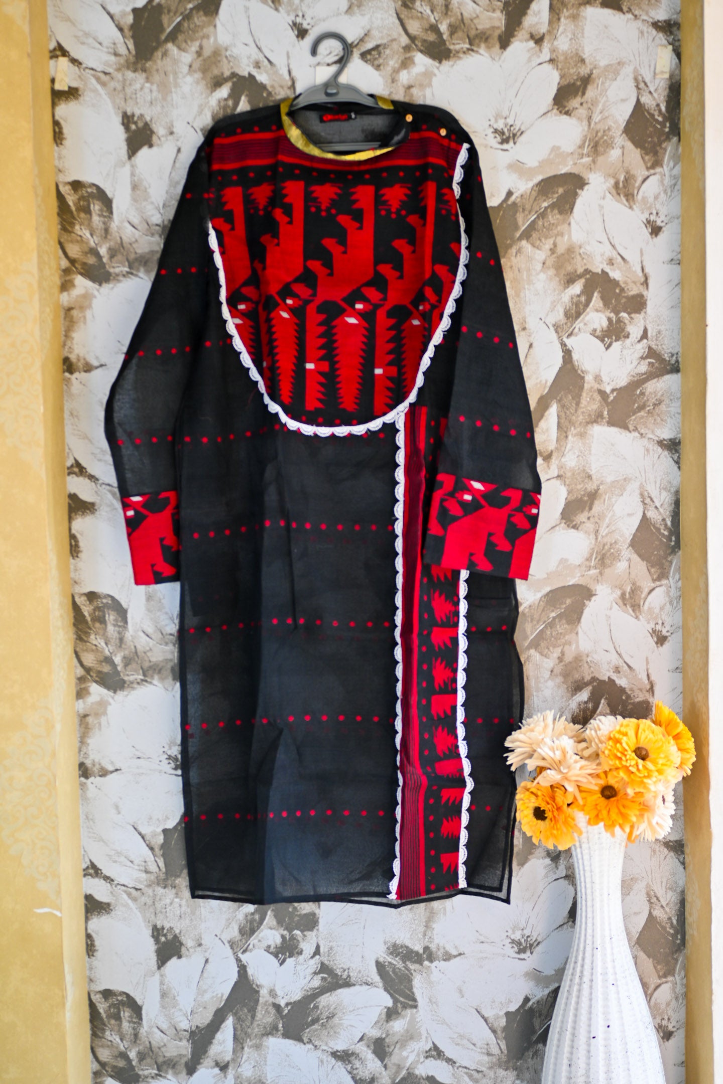 Jamdani long Kurta red black