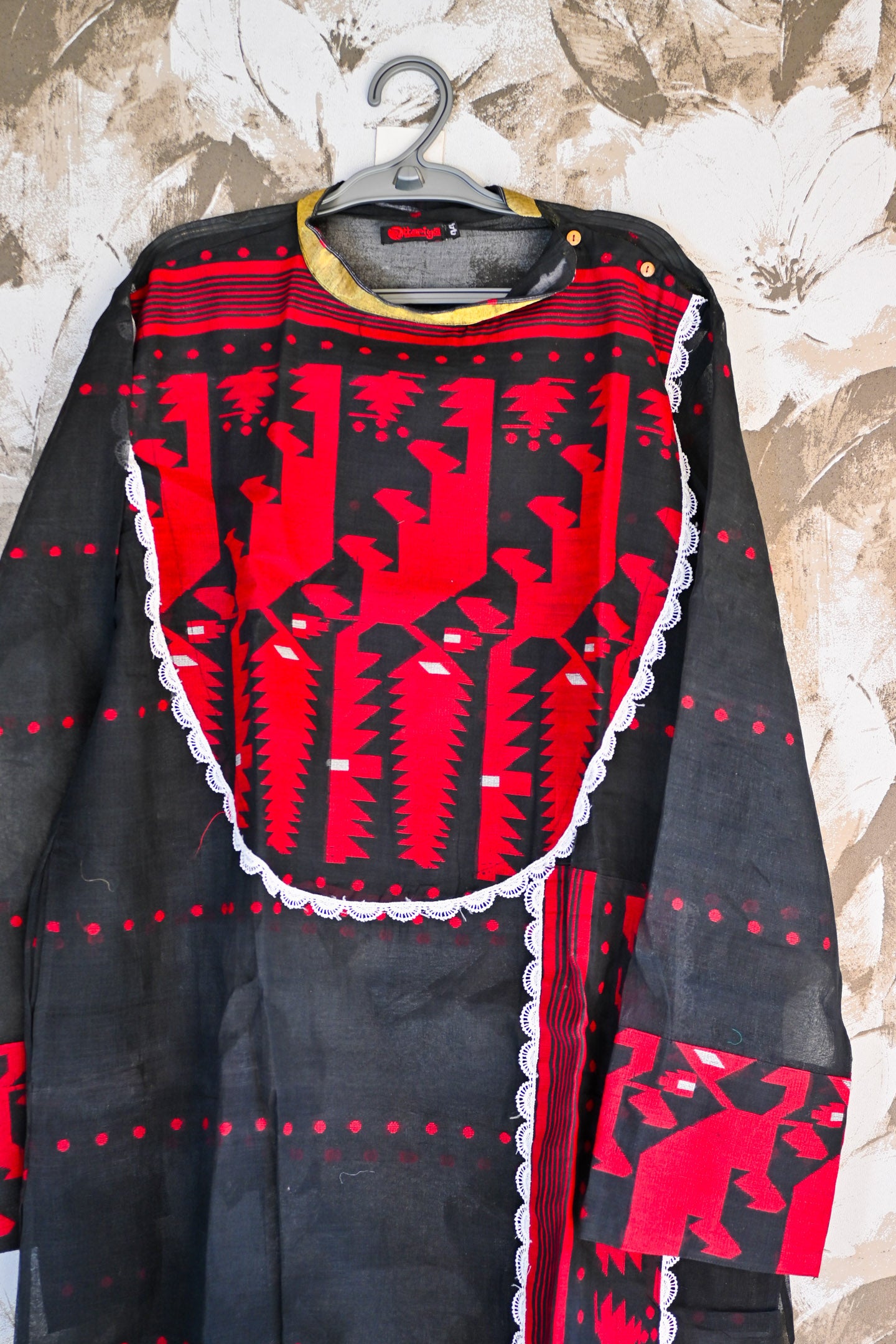Jamdani long Kurta red black
