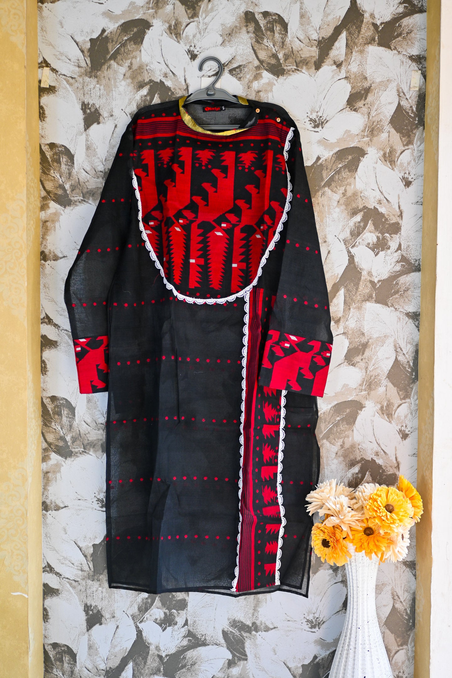 Jamdani long Kurta red black