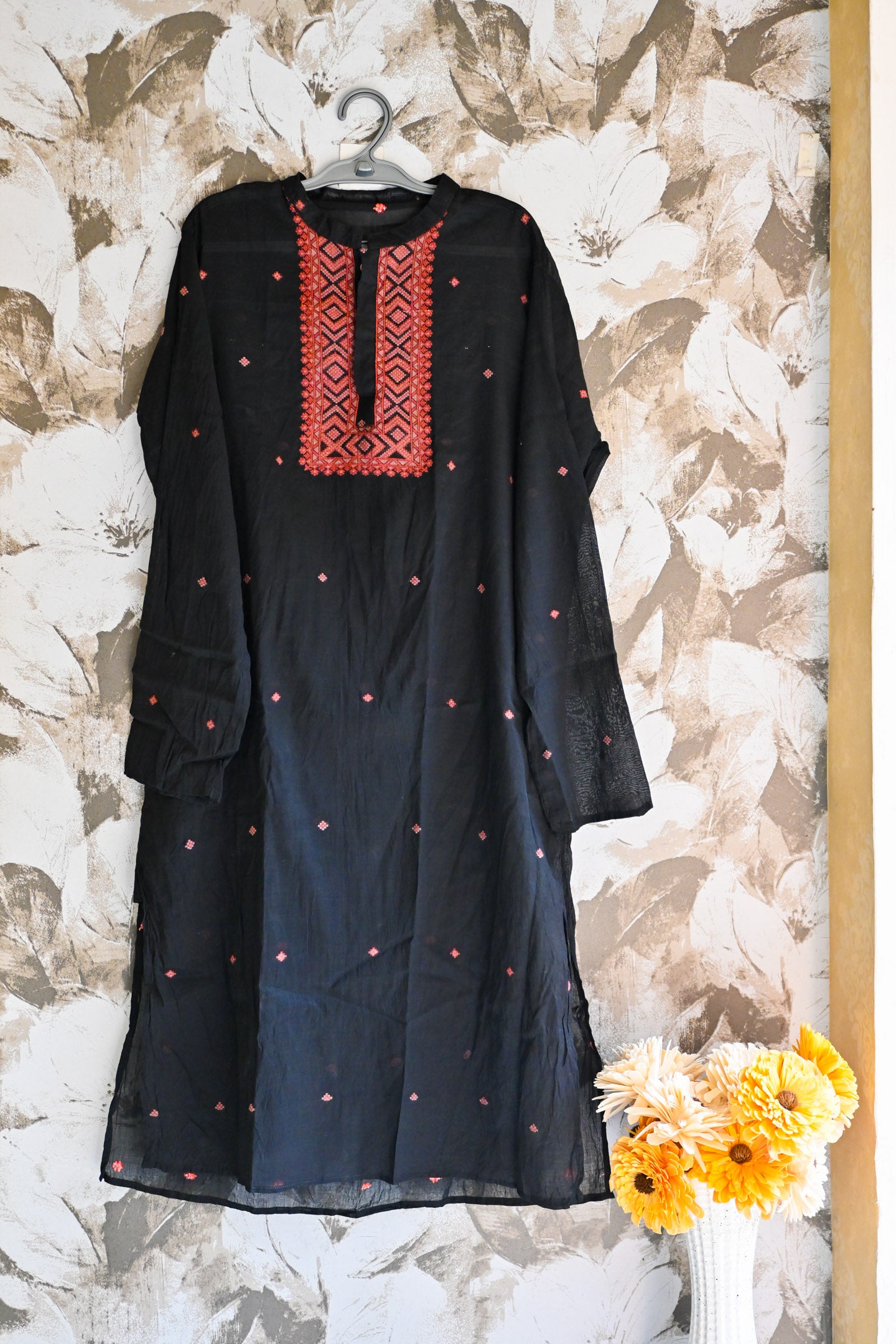 Black jamdani silk kurta