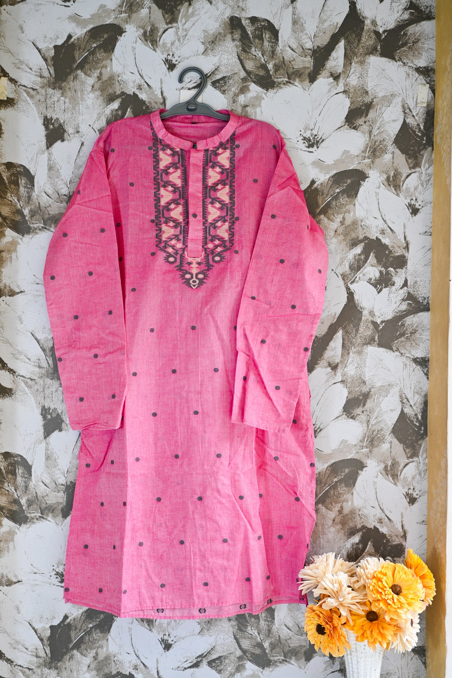 Pink jamdani silk kurta