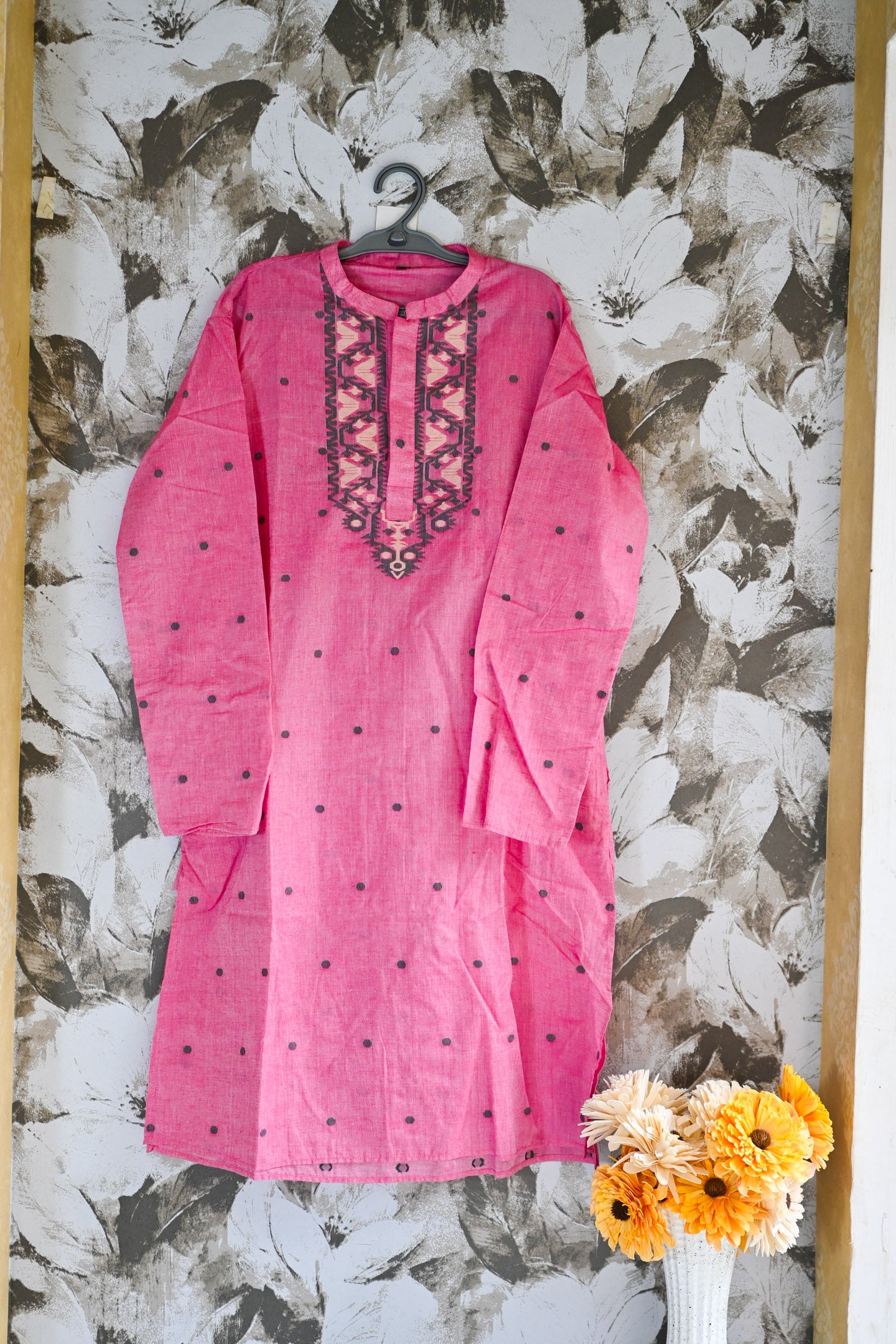 Pink jamdani silk kurta
