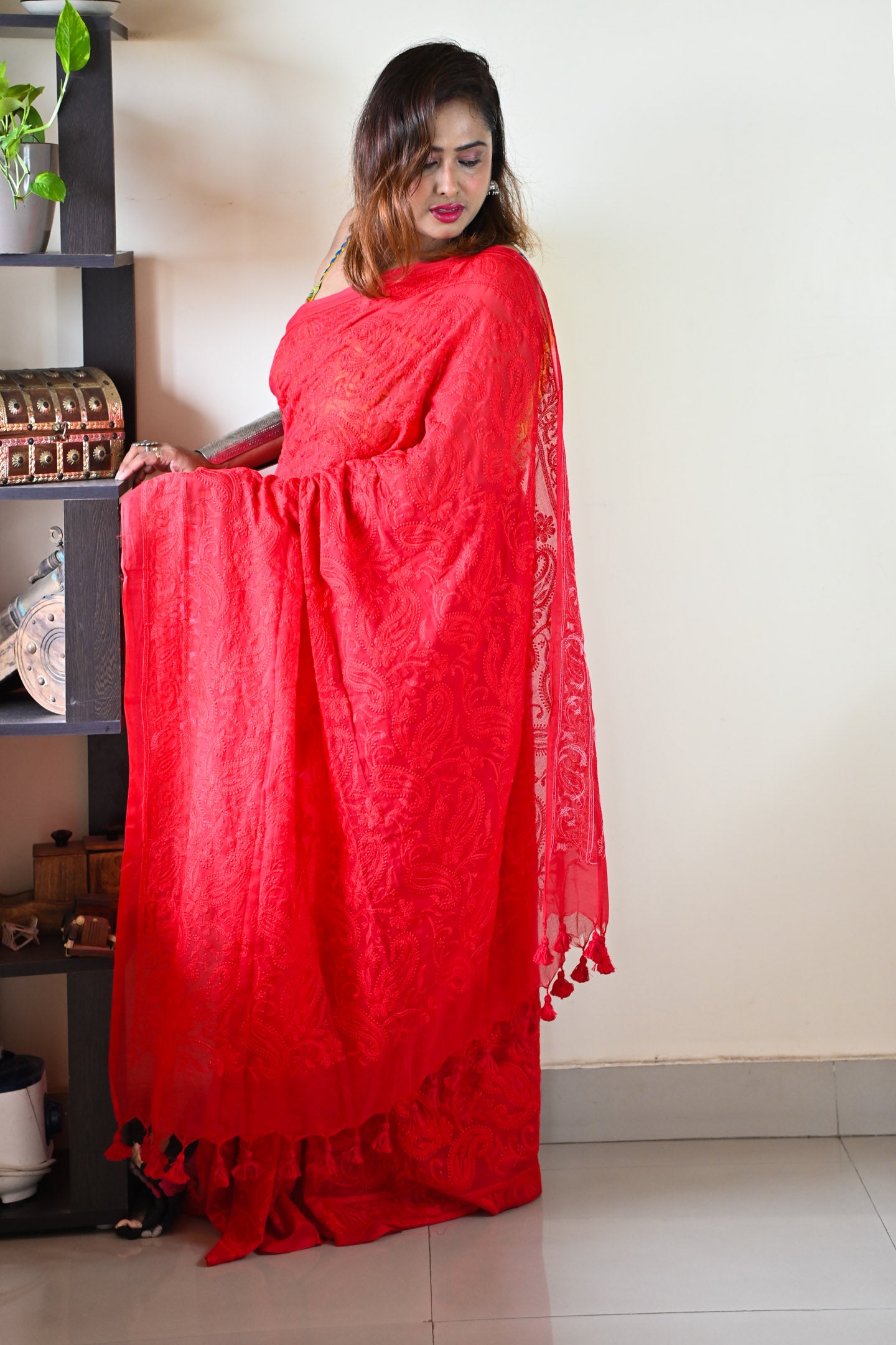 Red Chikan Saree