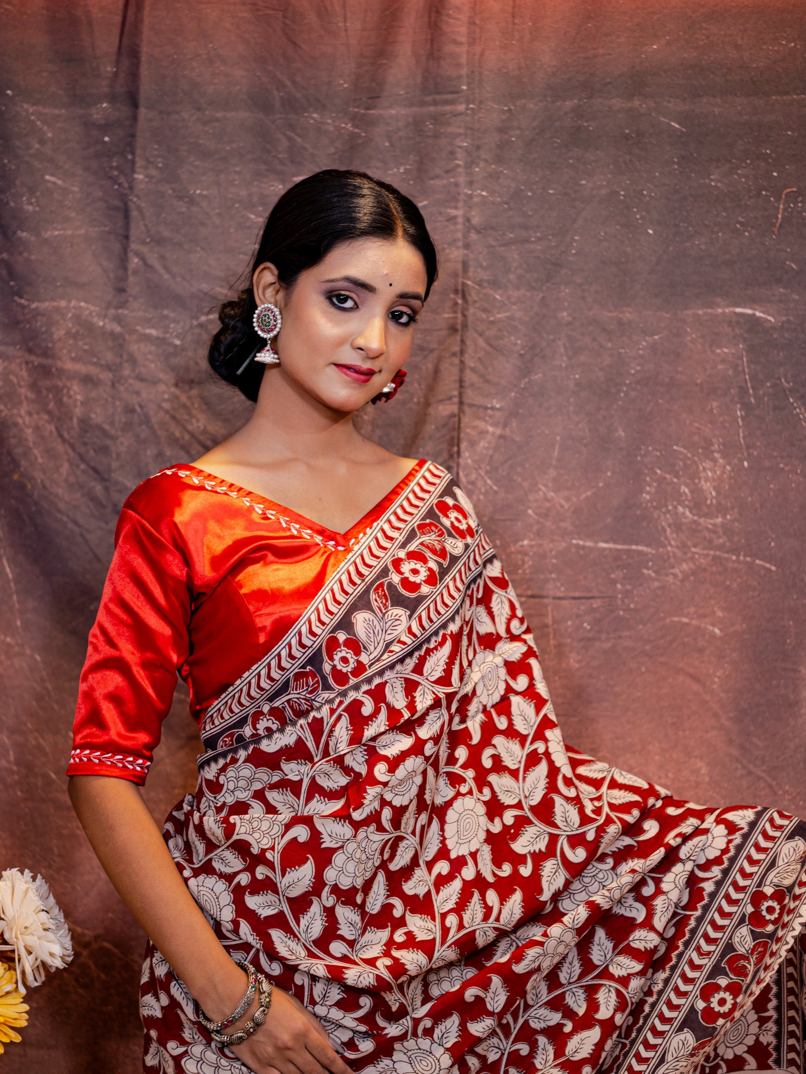 Red kalamkari silk saree