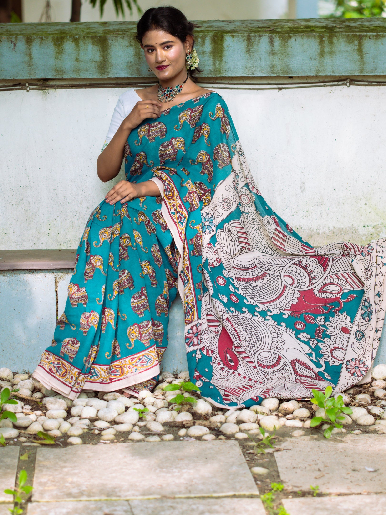 Aqua Elephant Motifs Kalamkari Cotton Saree