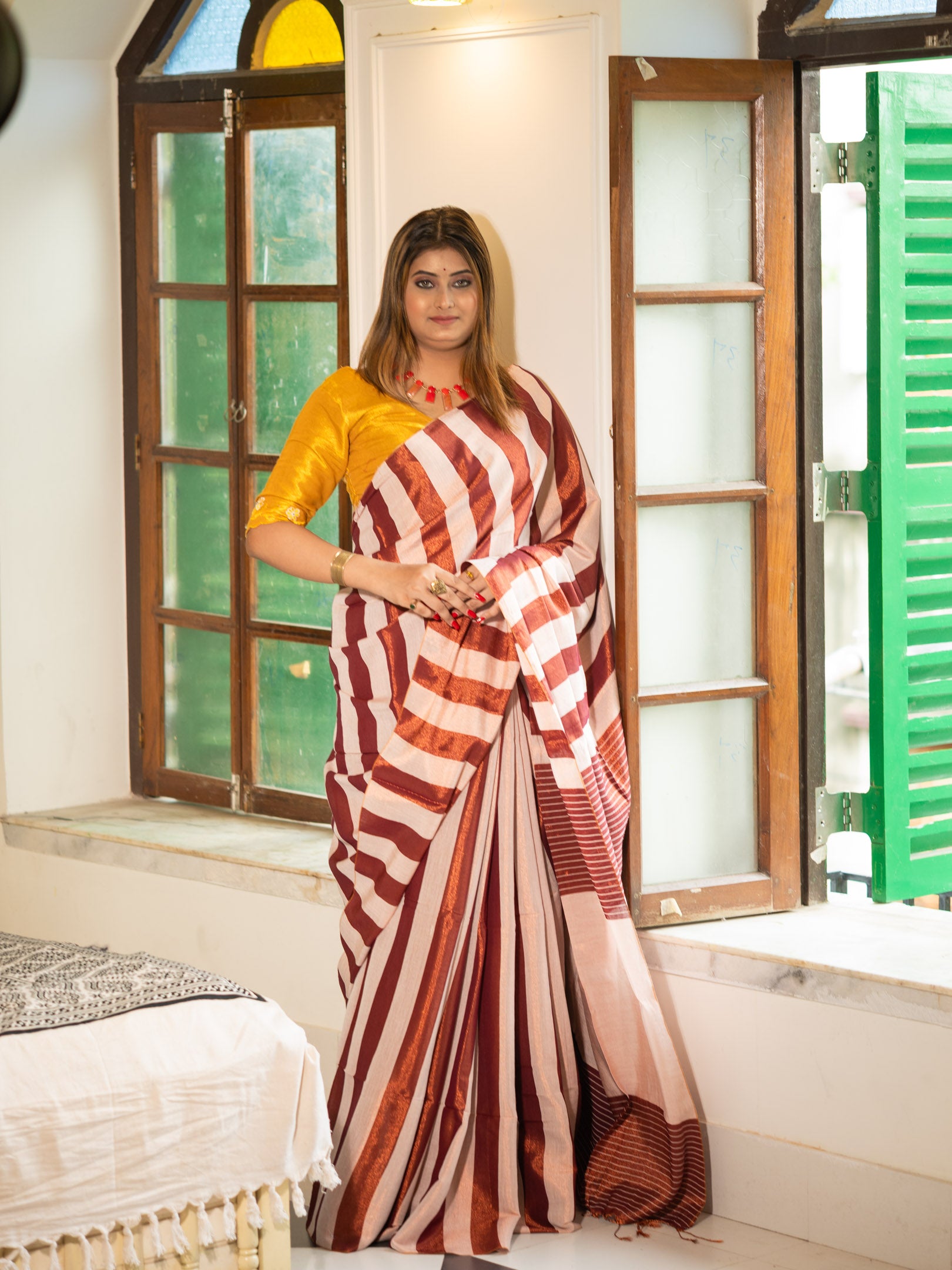 Rust & Ivory Striped Handloom Saree