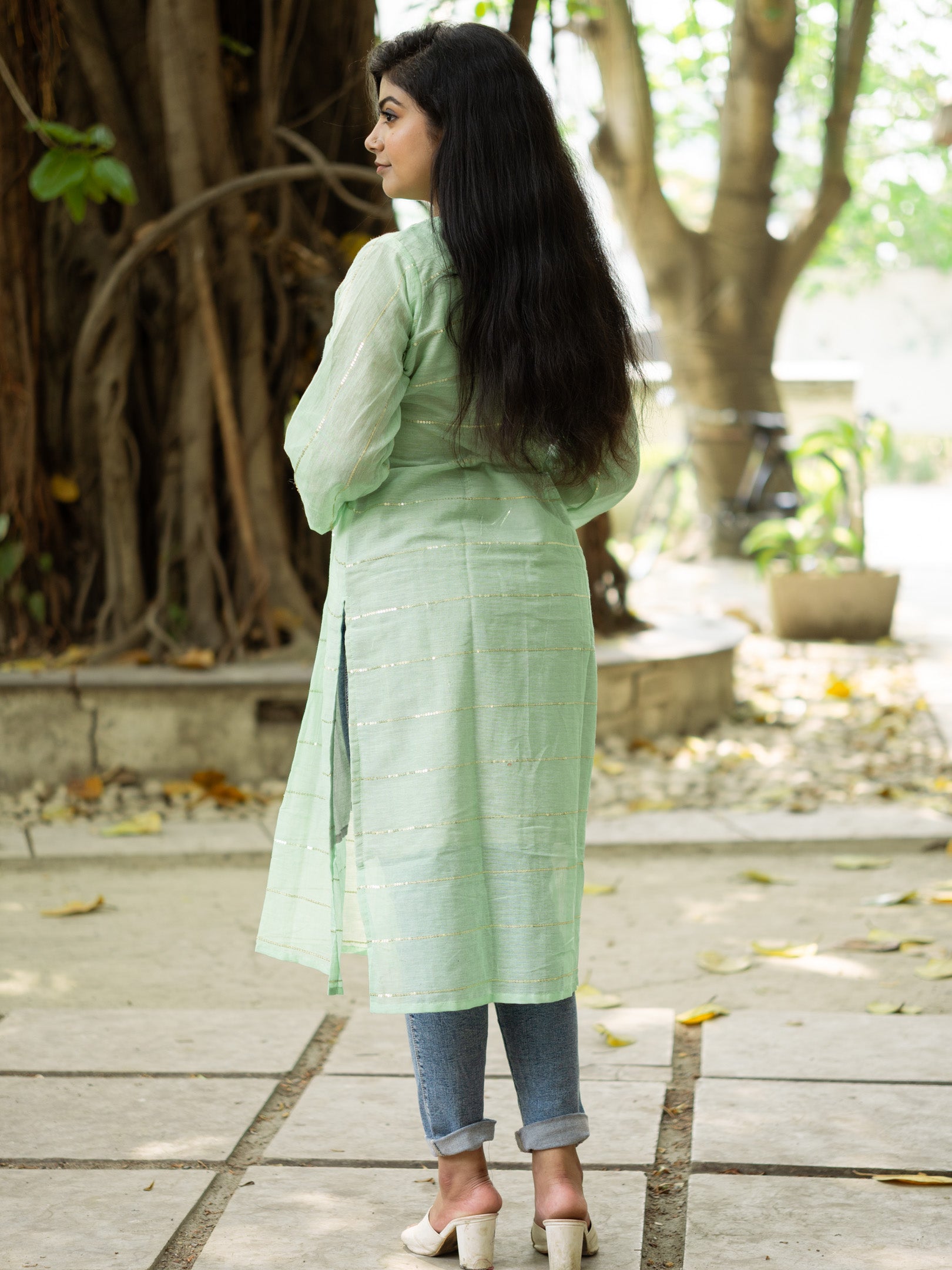 Sea Green Sequance Flare Cotton Kurta