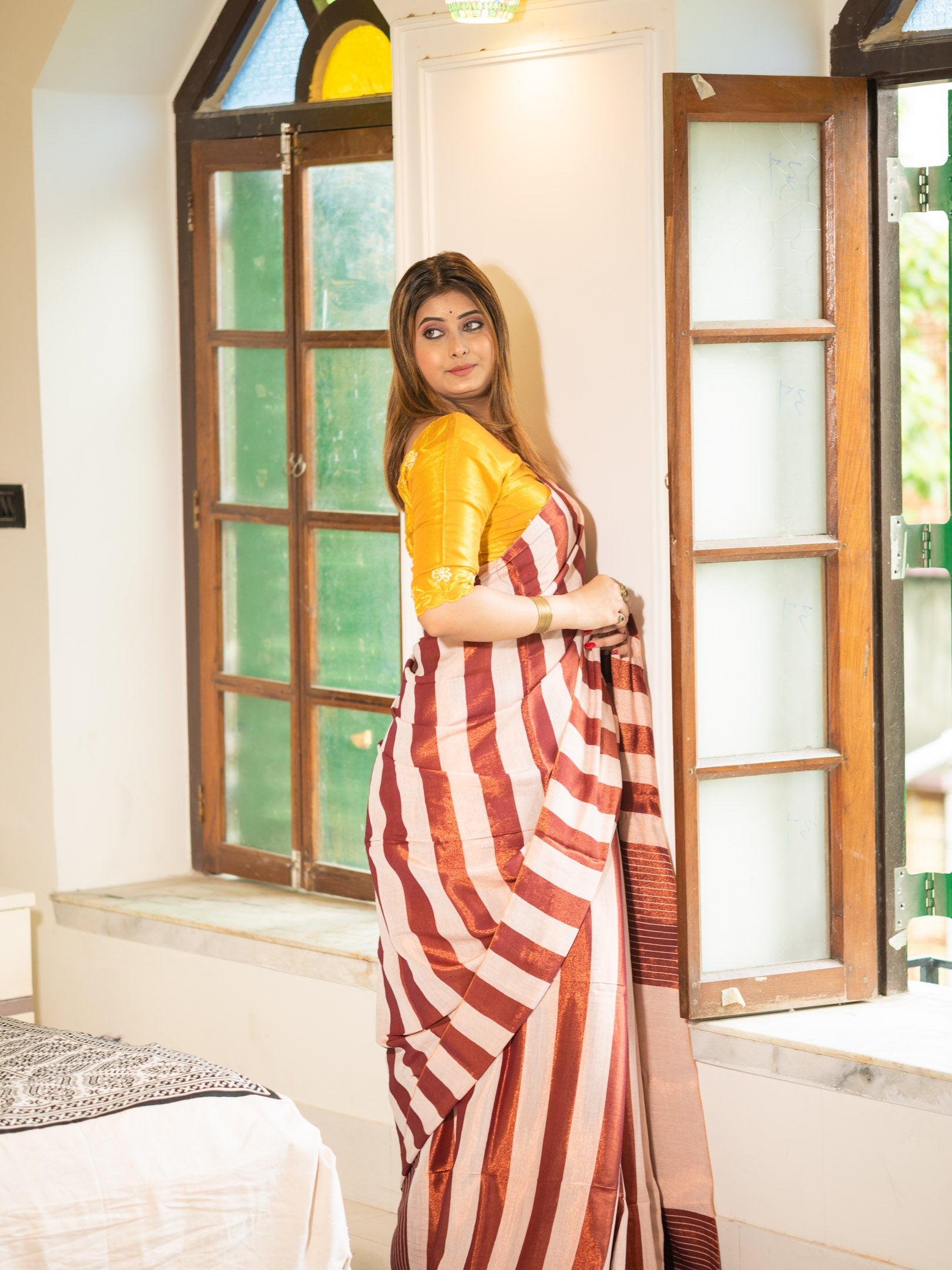 Rust & Ivory Striped Handloom Saree