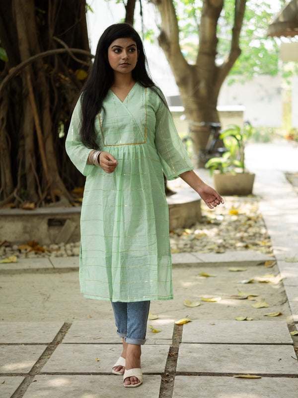 Sea Green Sequance Flare Cotton Kurta