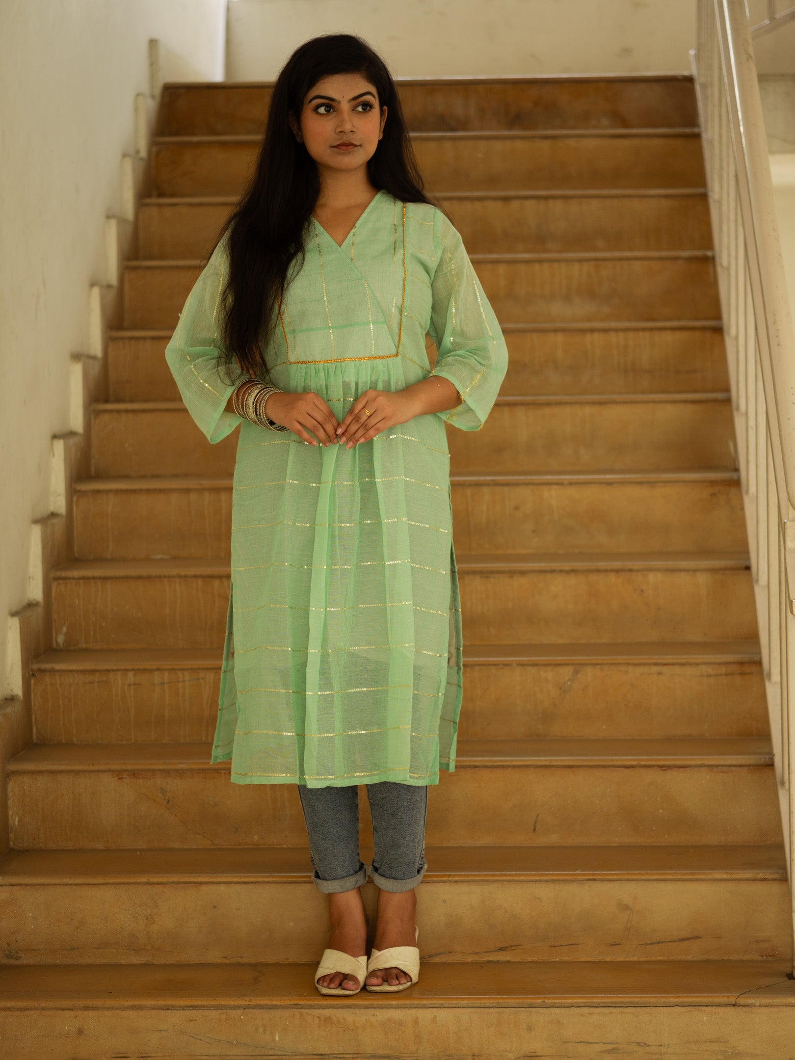 Sea Green Sequance Flare Cotton Kurta