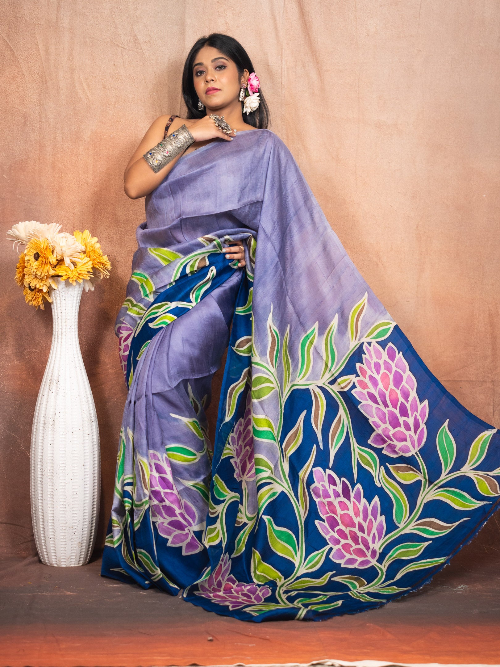 Grape Pure hand painted silk Saree
