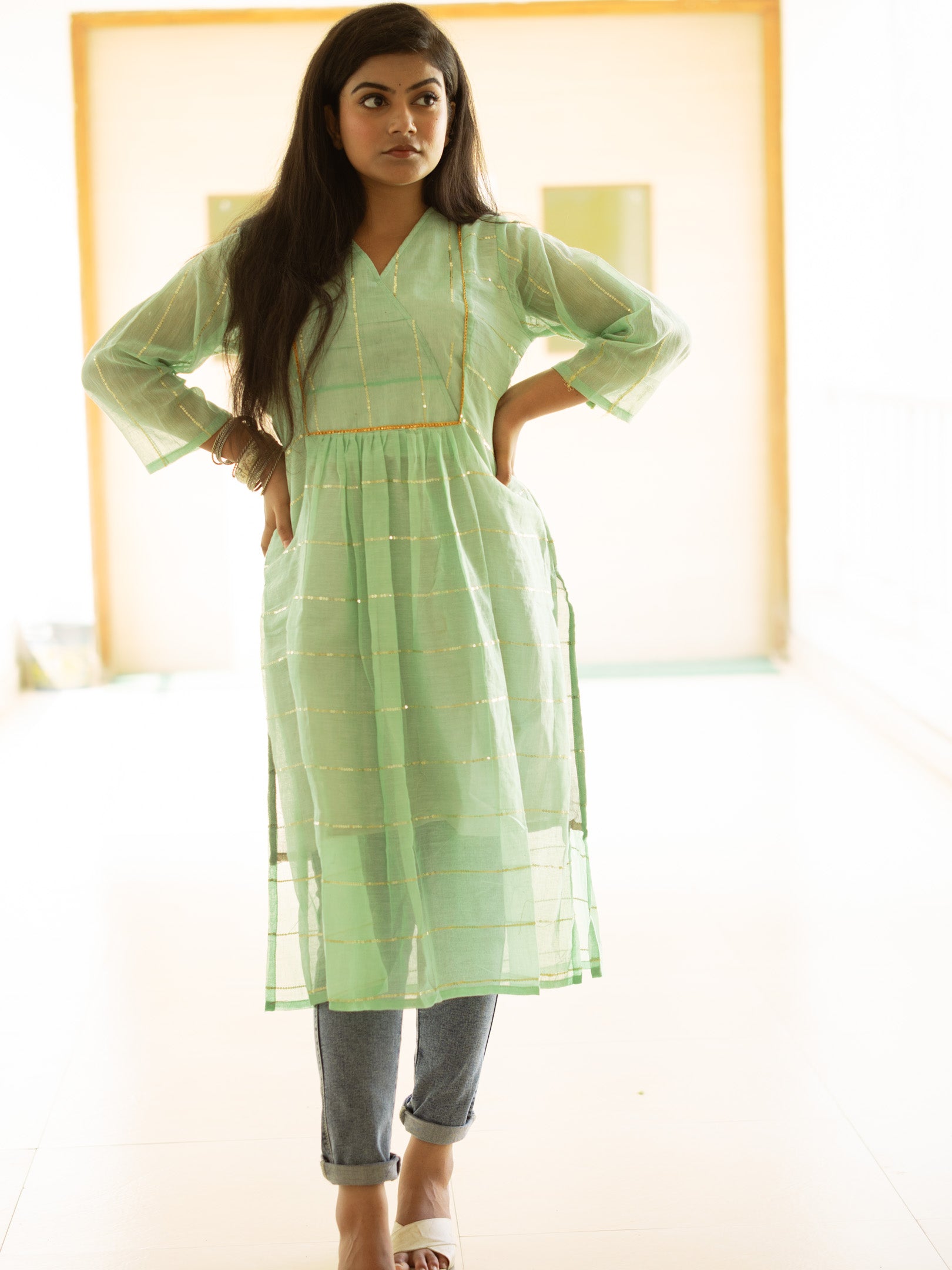 Sea Green Sequance Flare Cotton Kurta