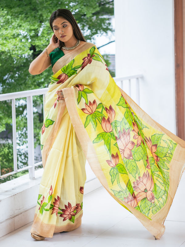 Kheshtra hand painted silk Saree - Uttariya