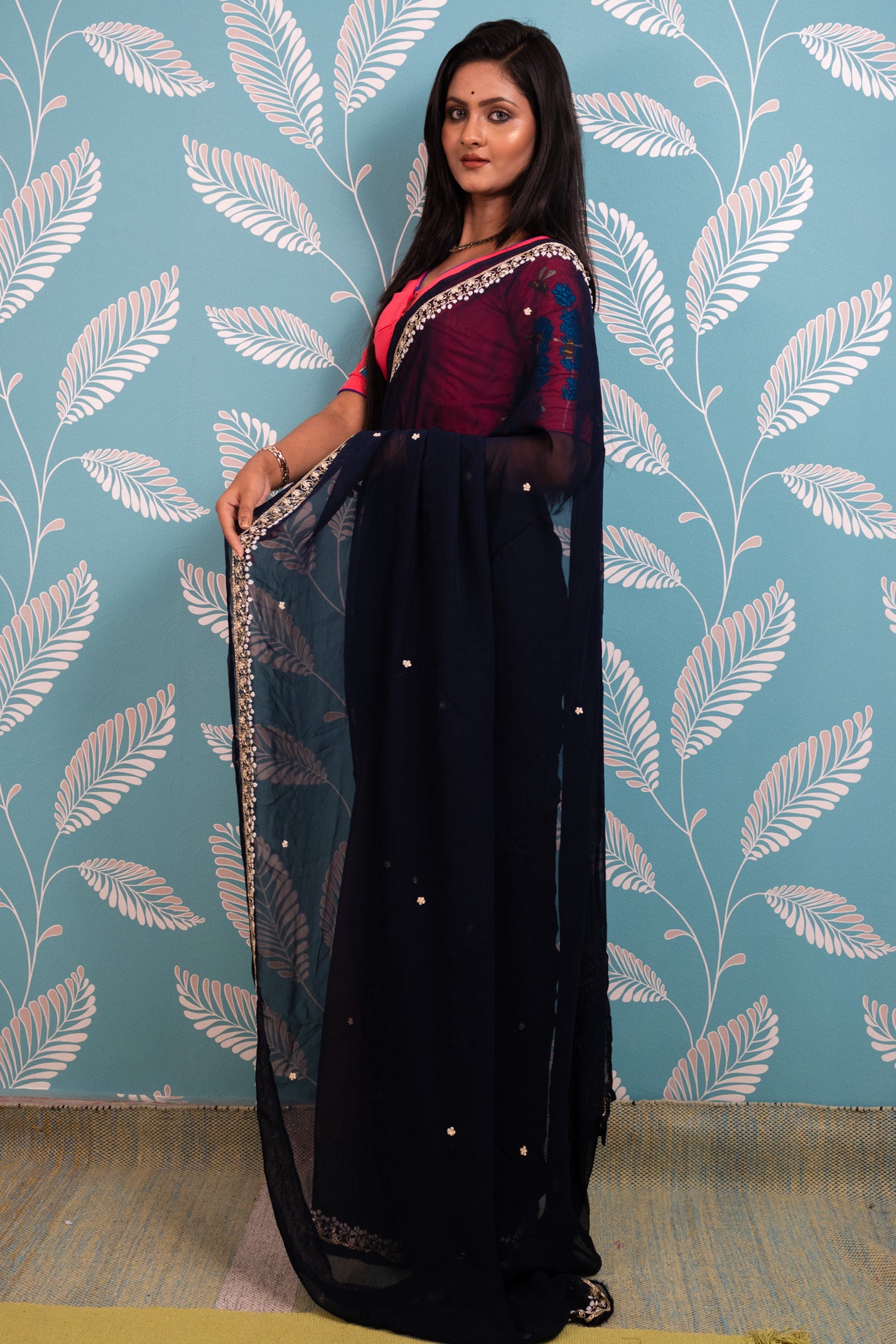 Navy Sitara Saree - Uttariya