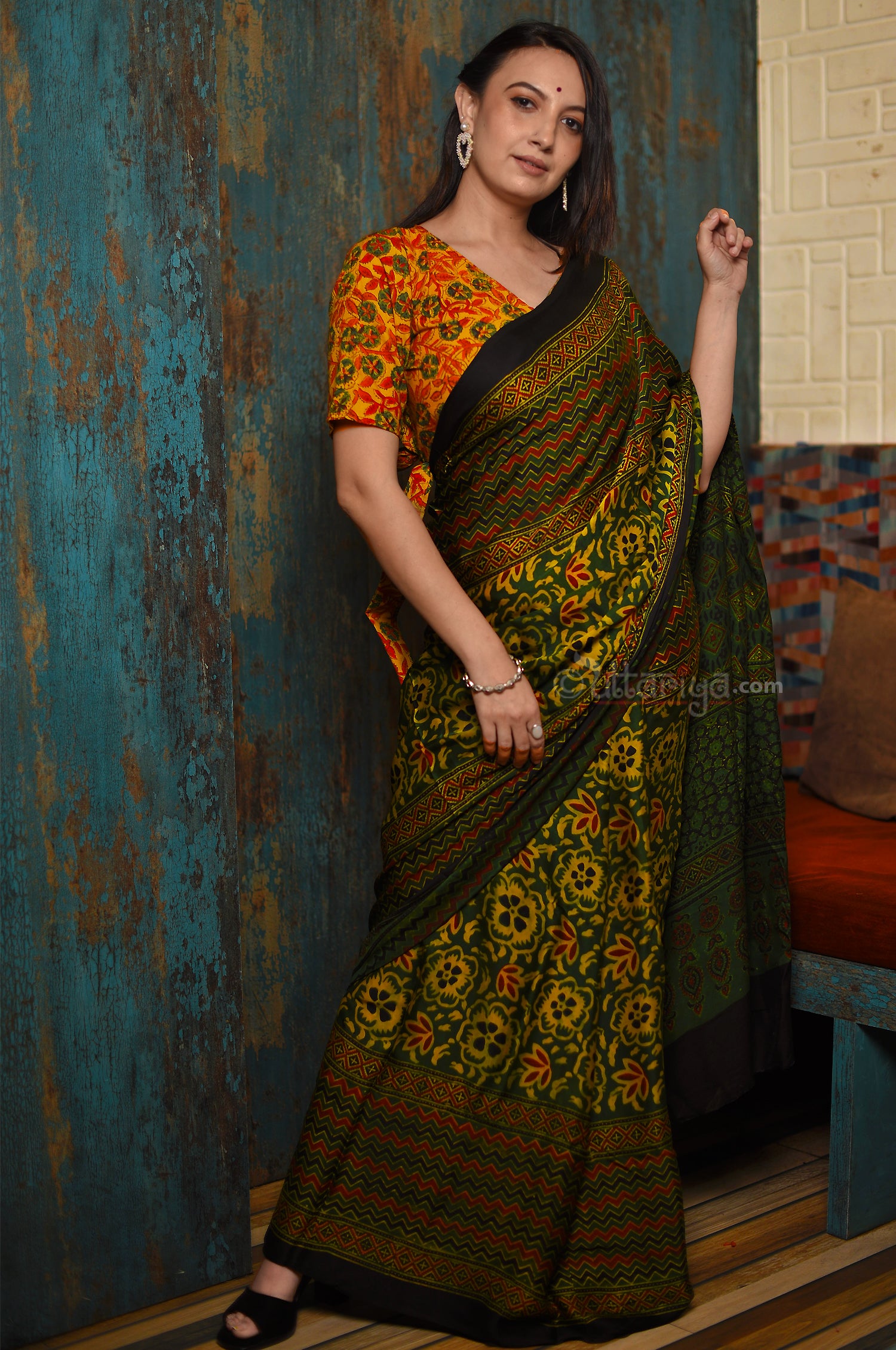 Buy Ajrakh Modal Silk Saree Online - Uttariya